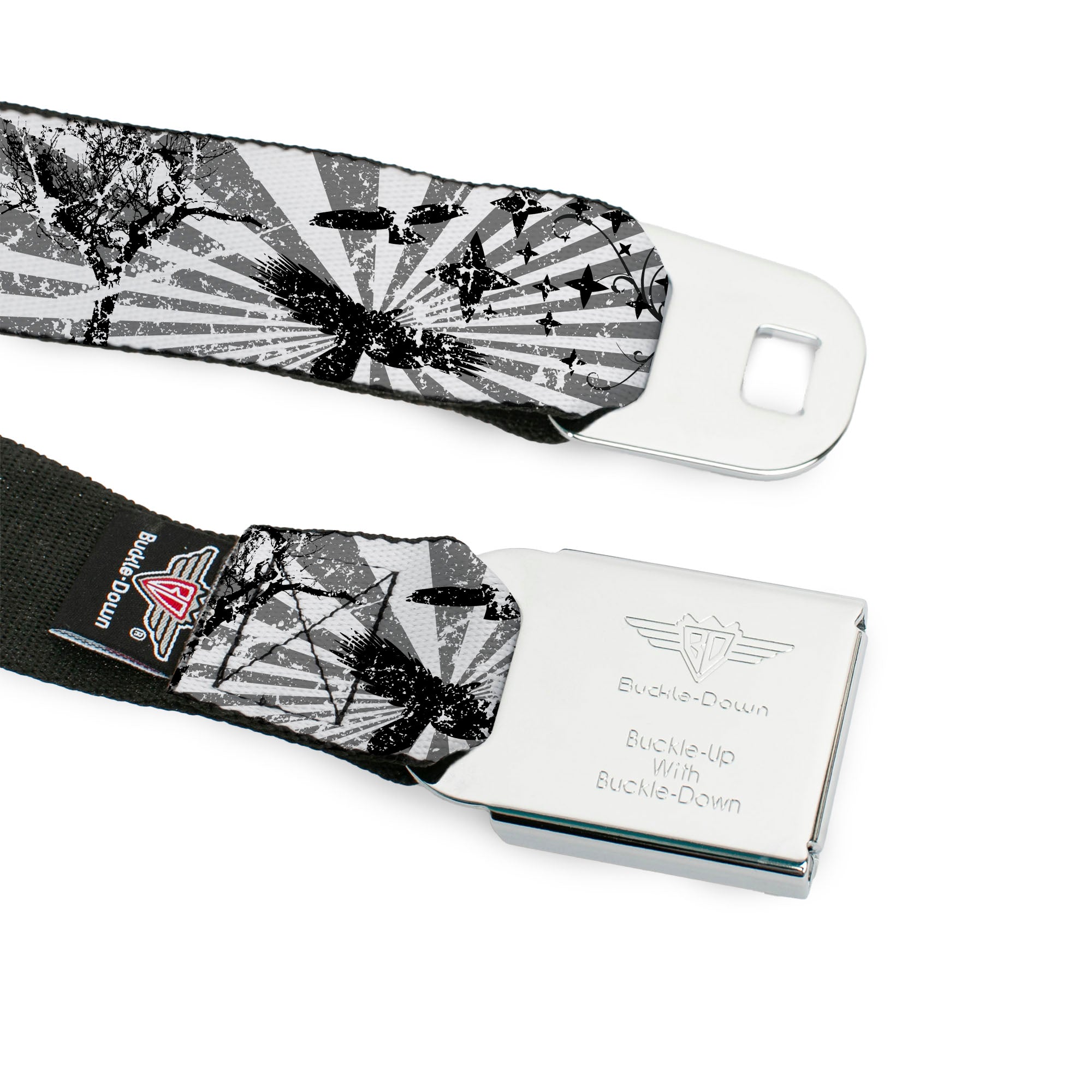 BD Wings Logo CLOSE-UP Full Color Black Silver Seatbelt Belt - Rising Sun White/Gray Webbing Seatbelt Belts Buckle-Down