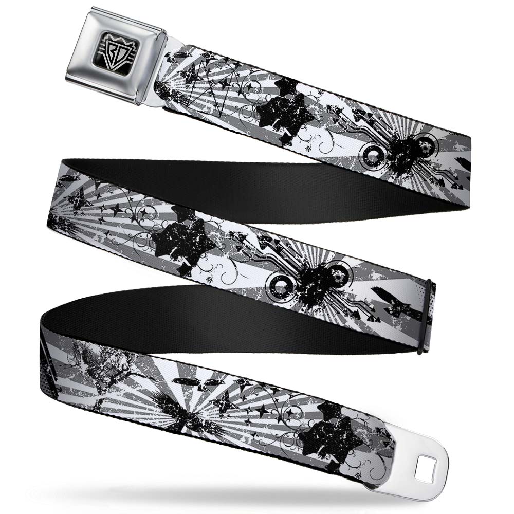 BD Wings Logo CLOSE-UP Full Color Black Silver Seatbelt Belt - Rising Sun White/Gray Webbing Seatbelt Belts Buckle-Down
