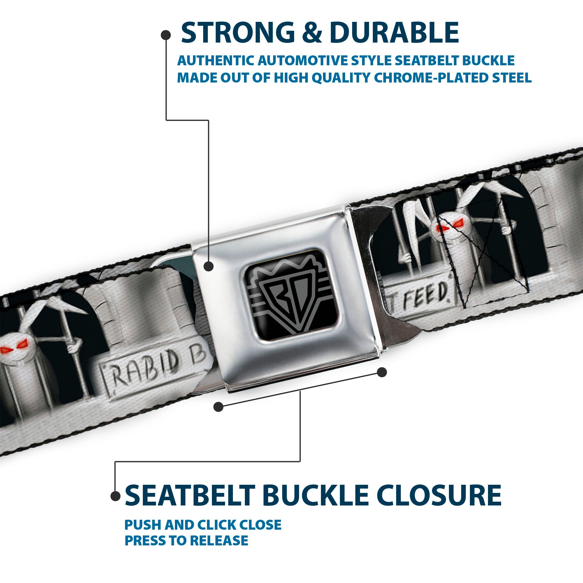 BD Wings Logo CLOSE-UP Full Color Black Silver Seatbelt Belt - Rabid Bunny Webbing Seatbelt Belts Buckle-Down