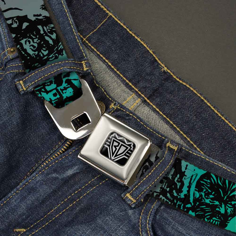 BD Wings Logo CLOSE-UP Full Color Black Silver Seatbelt Belt - Retro Monster Aqua/Black Webbing Seatbelt Belts Buckle-Down