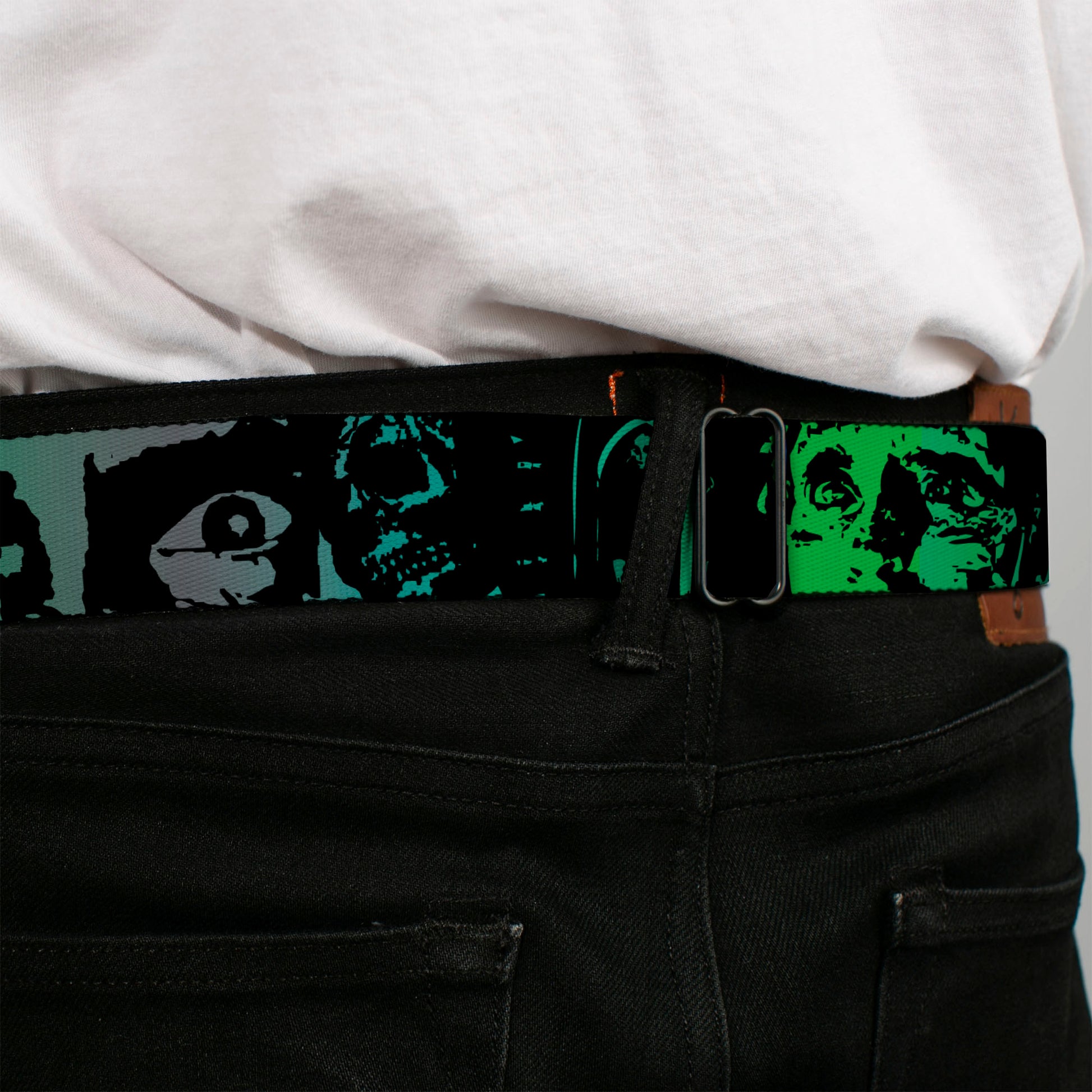 BD Wings Logo CLOSE-UP Full Color Black Silver Seatbelt Belt - Retro Monster Aqua/Black Webbing Seatbelt Belts Buckle-Down