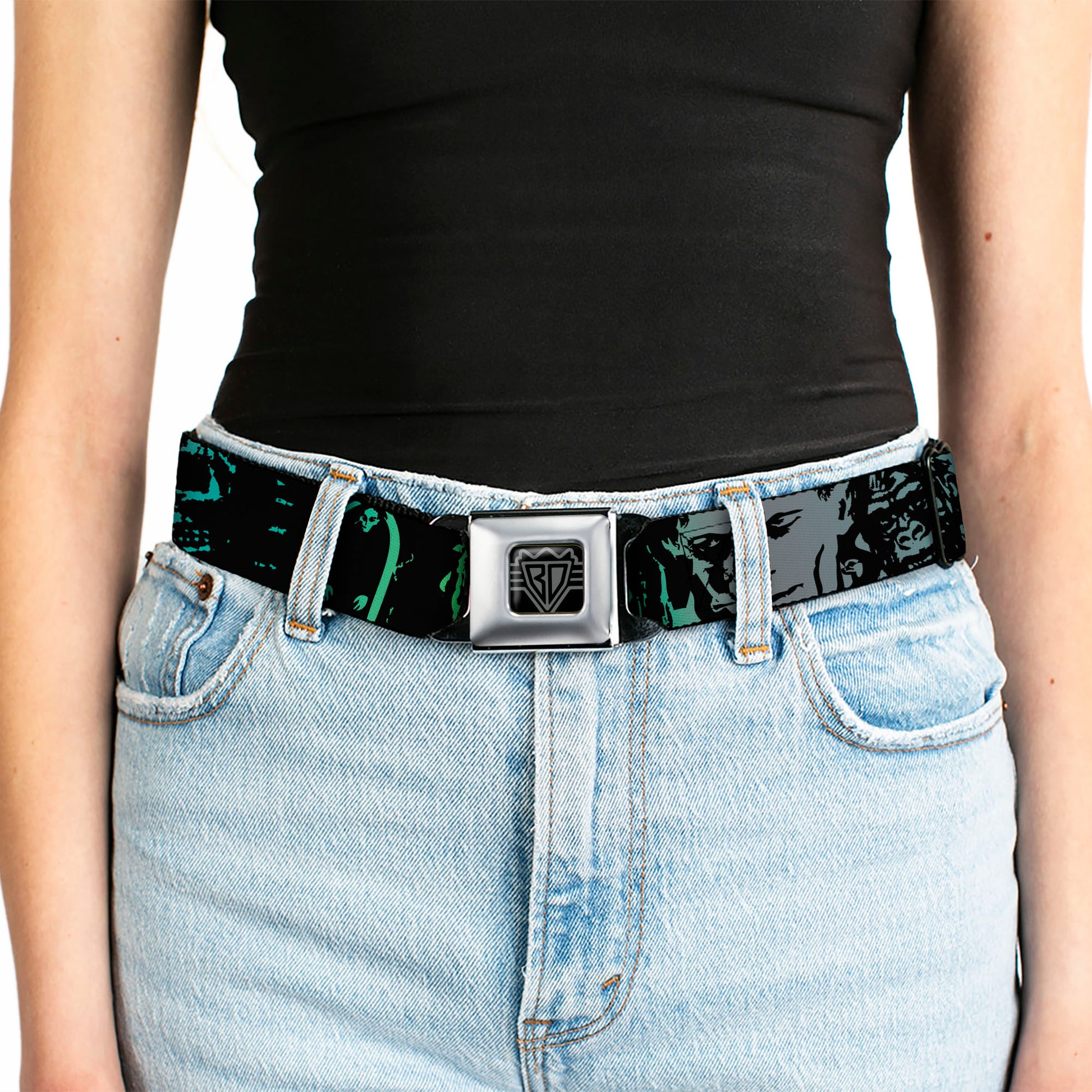 BD Wings Logo CLOSE-UP Full Color Black Silver Seatbelt Belt - Retro Monster Aqua/Black Webbing Seatbelt Belts Buckle-Down