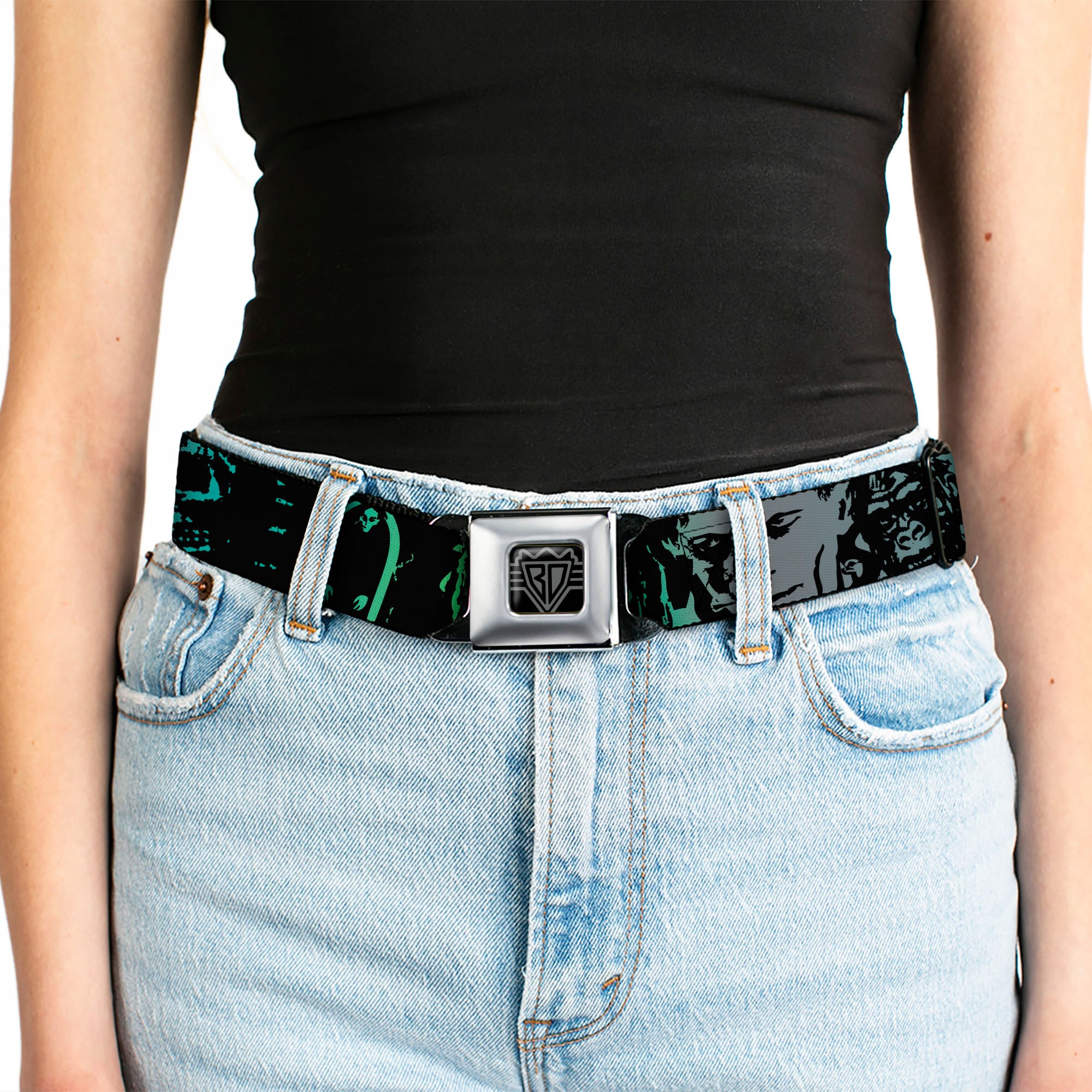 BD Wings Logo CLOSE-UP Full Color Black Silver Seatbelt Belt - Retro Monster Aqua/Black Webbing Seatbelt Belts Buckle-Down