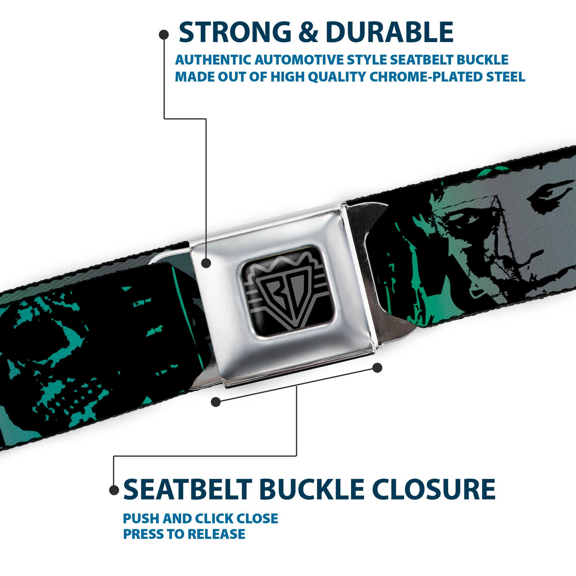BD Wings Logo CLOSE-UP Full Color Black Silver Seatbelt Belt - Retro Monster Aqua/Black Webbing Seatbelt Belts Buckle-Down
