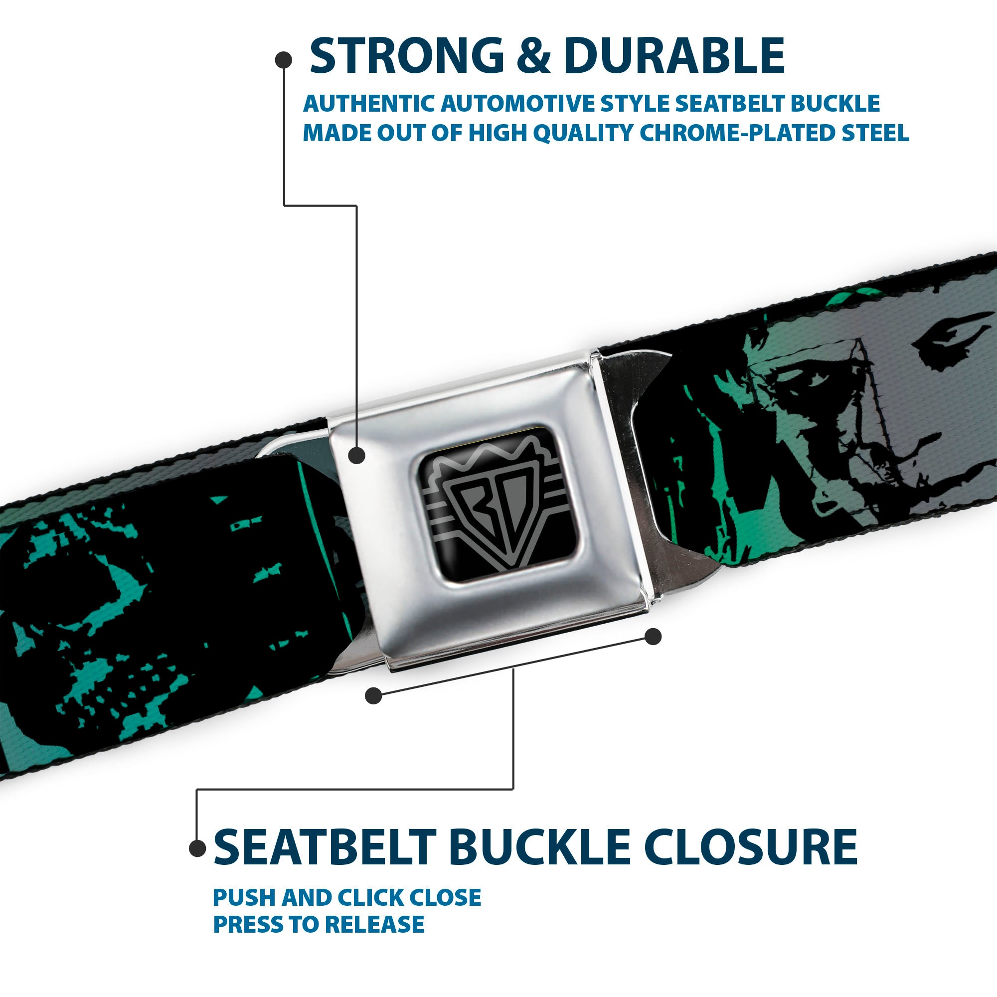 BD Wings Logo CLOSE-UP Full Color Black Silver Seatbelt Belt - Retro Monster Aqua/Black Webbing Seatbelt Belts Buckle-Down
