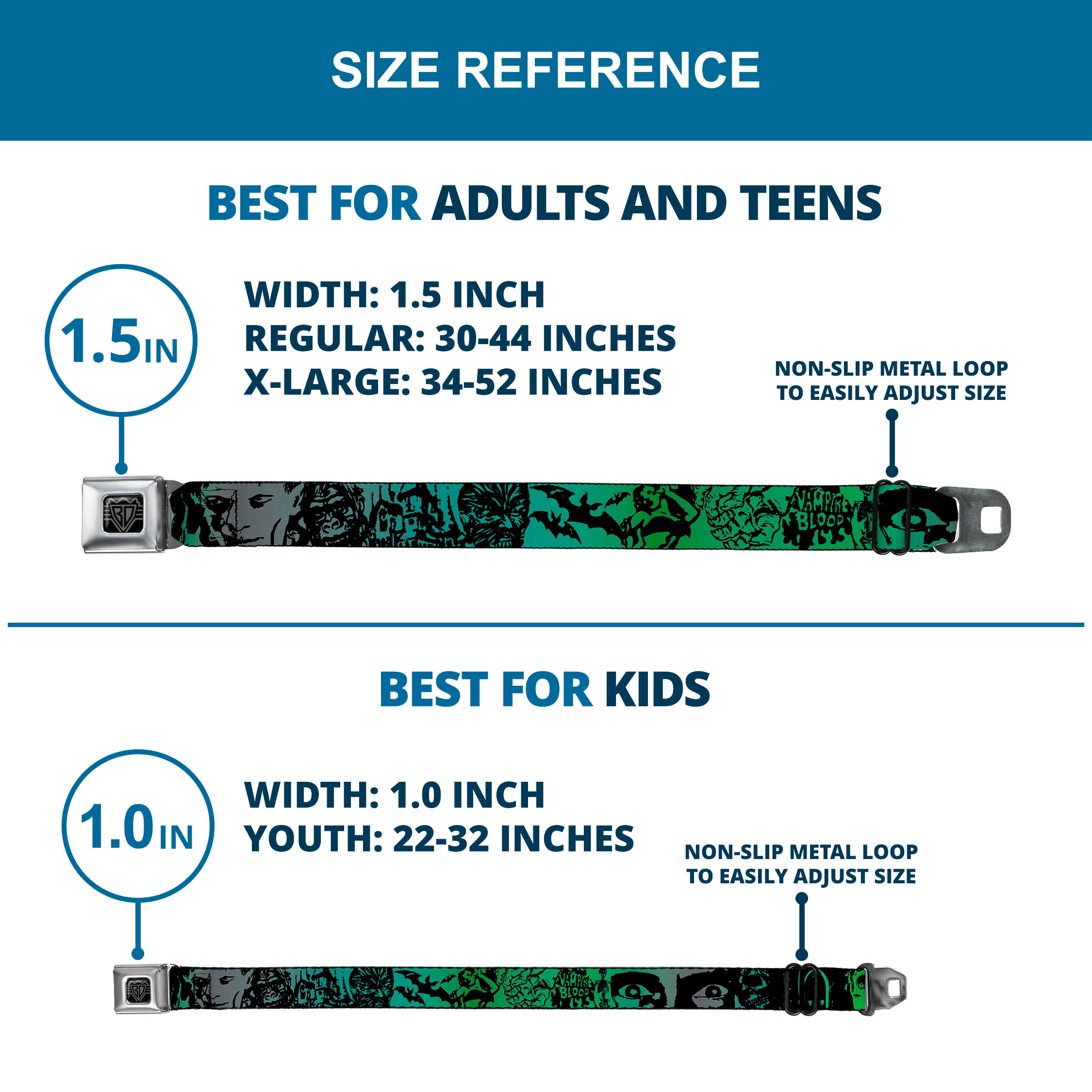 BD Wings Logo CLOSE-UP Full Color Black Silver Seatbelt Belt - Retro Monster Aqua/Black Webbing Seatbelt Belts Buckle-Down