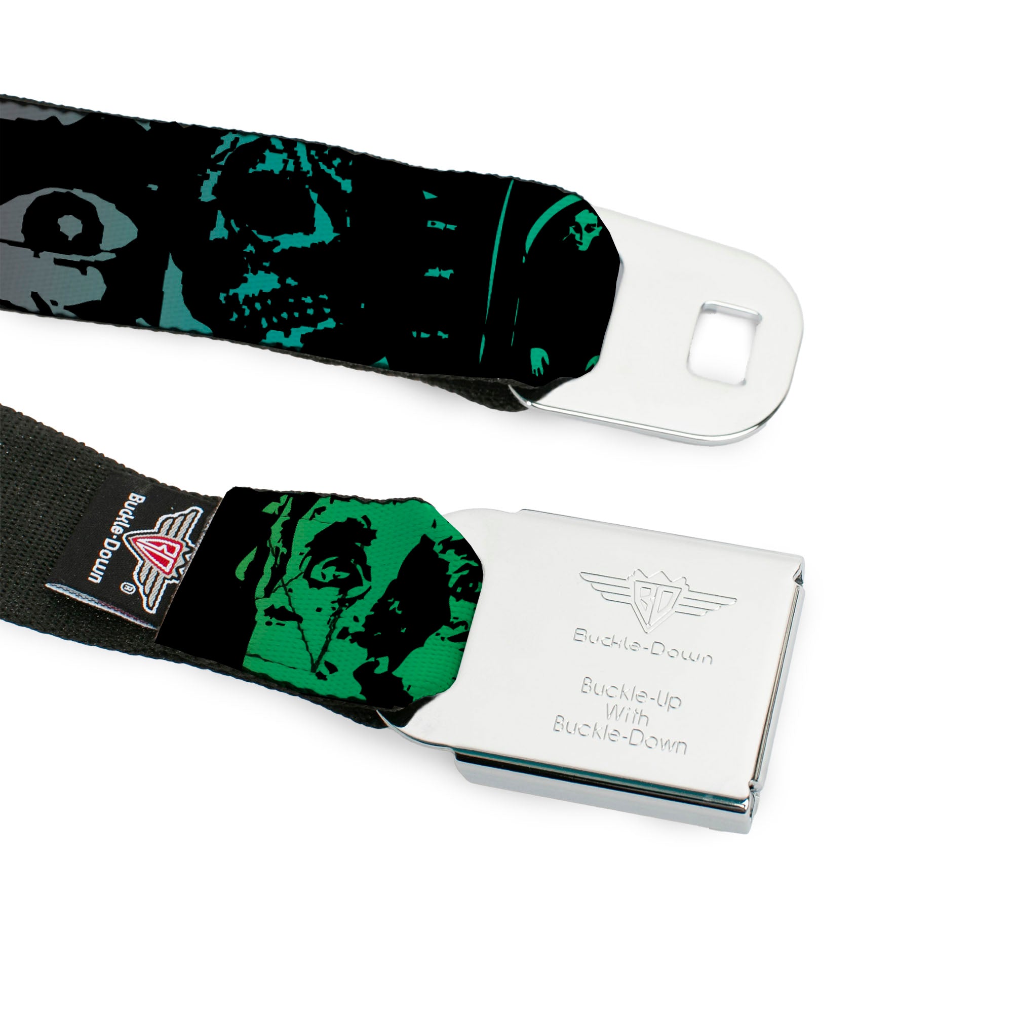 BD Wings Logo CLOSE-UP Full Color Black Silver Seatbelt Belt - Retro Monster Aqua/Black Webbing Seatbelt Belts Buckle-Down
