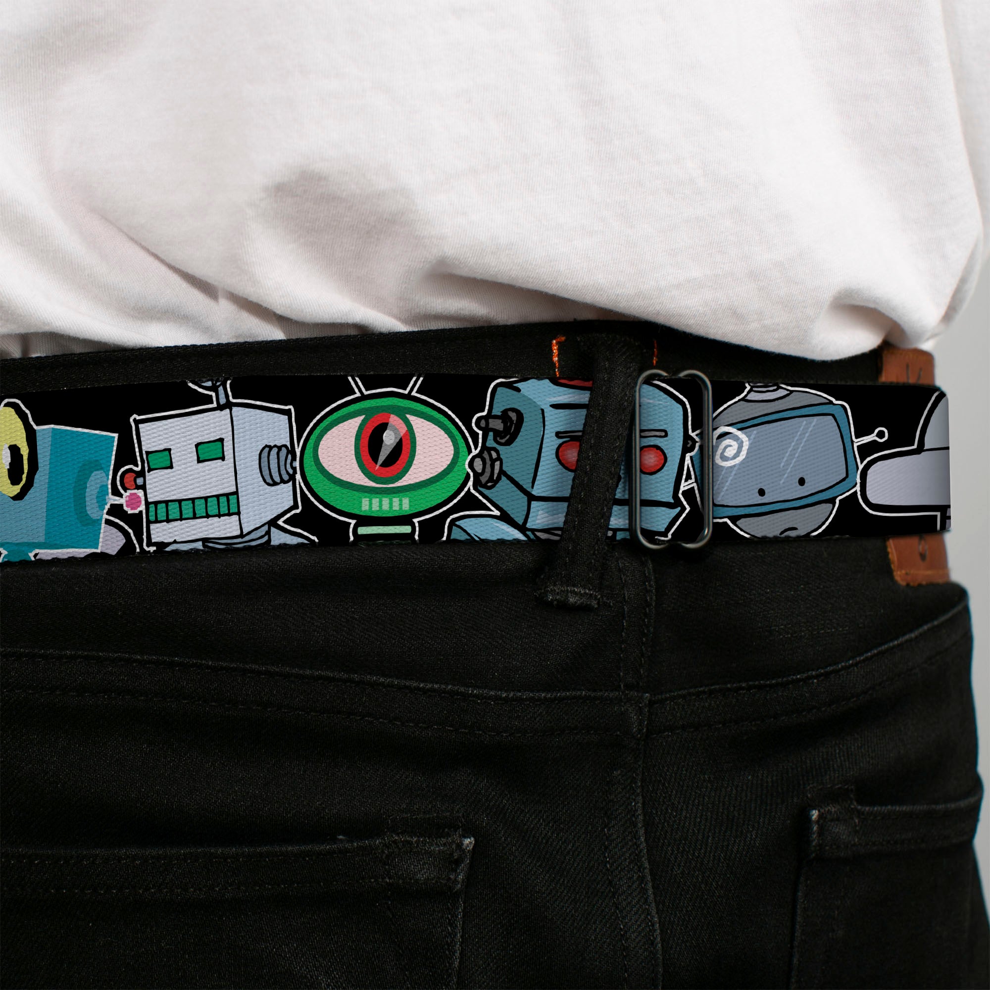 BD Wings Logo CLOSE-UP Full Color Black Silver Seatbelt Belt - Robots CLOSE-UP Black Webbing Seatbelt Belts Buckle-Down