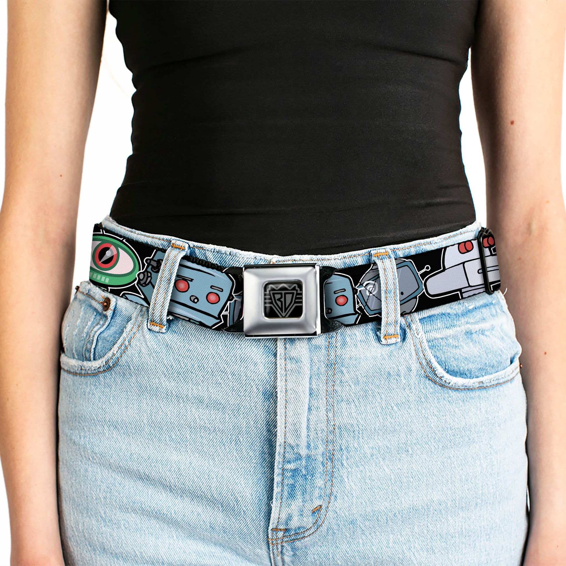 BD Wings Logo CLOSE-UP Full Color Black Silver Seatbelt Belt - Robots CLOSE-UP Black Webbing Seatbelt Belts Buckle-Down