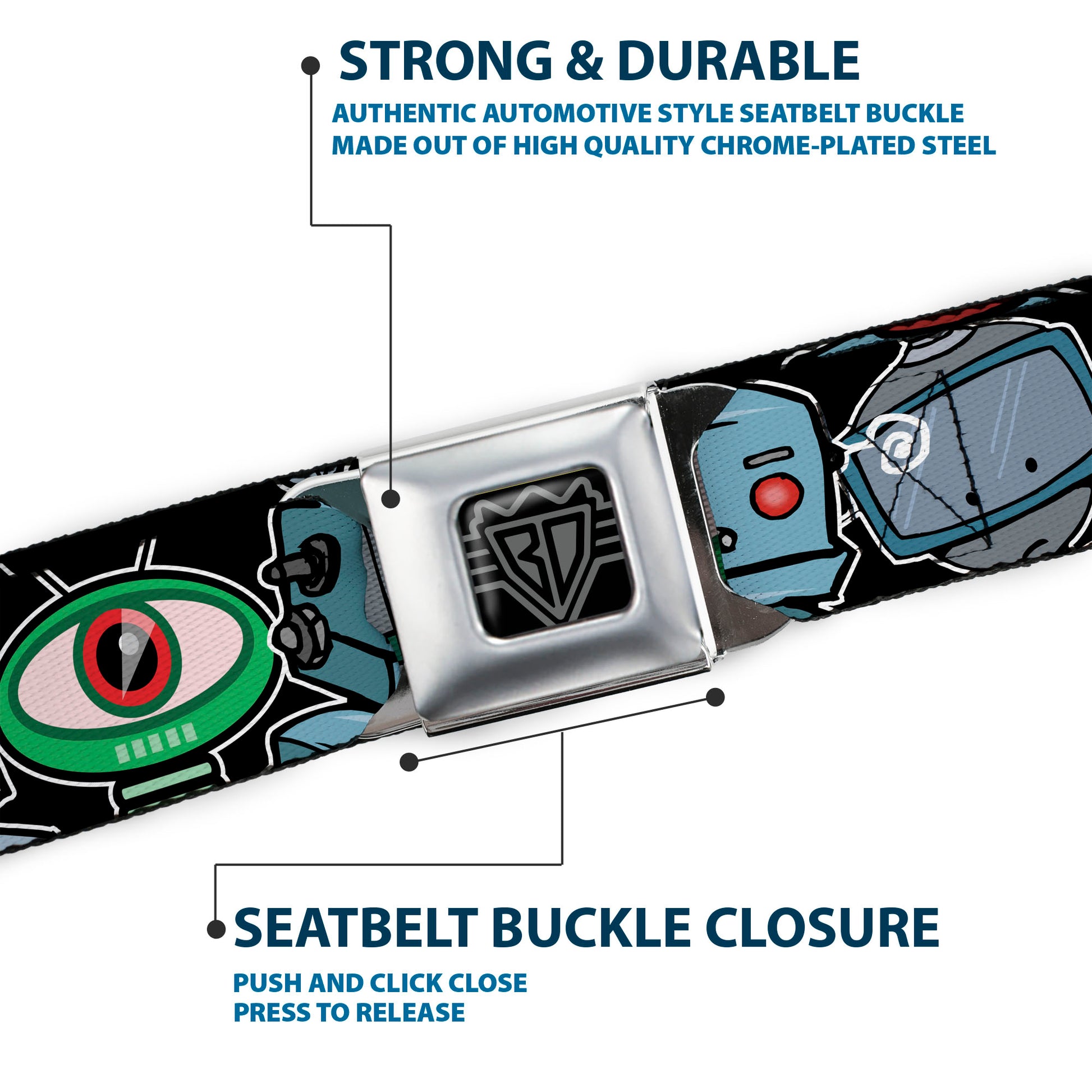 BD Wings Logo CLOSE-UP Full Color Black Silver Seatbelt Belt - Robots CLOSE-UP Black Webbing Seatbelt Belts Buckle-Down