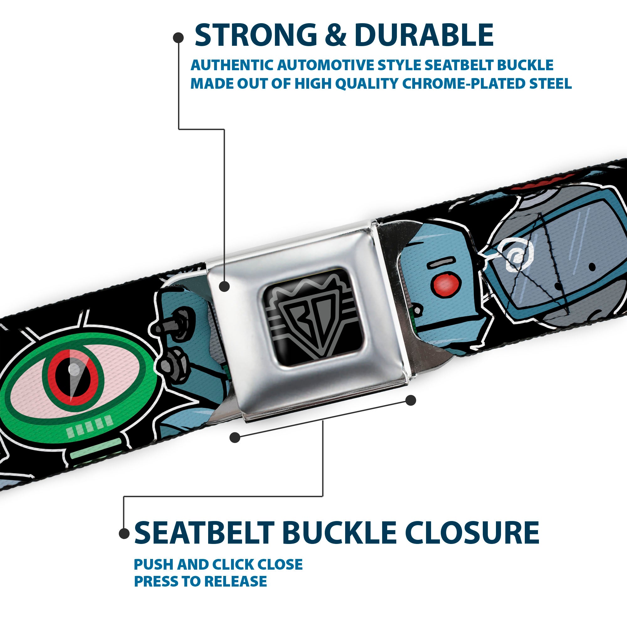BD Wings Logo CLOSE-UP Full Color Black Silver Seatbelt Belt - Robots CLOSE-UP Black Webbing Seatbelt Belts Buckle-Down