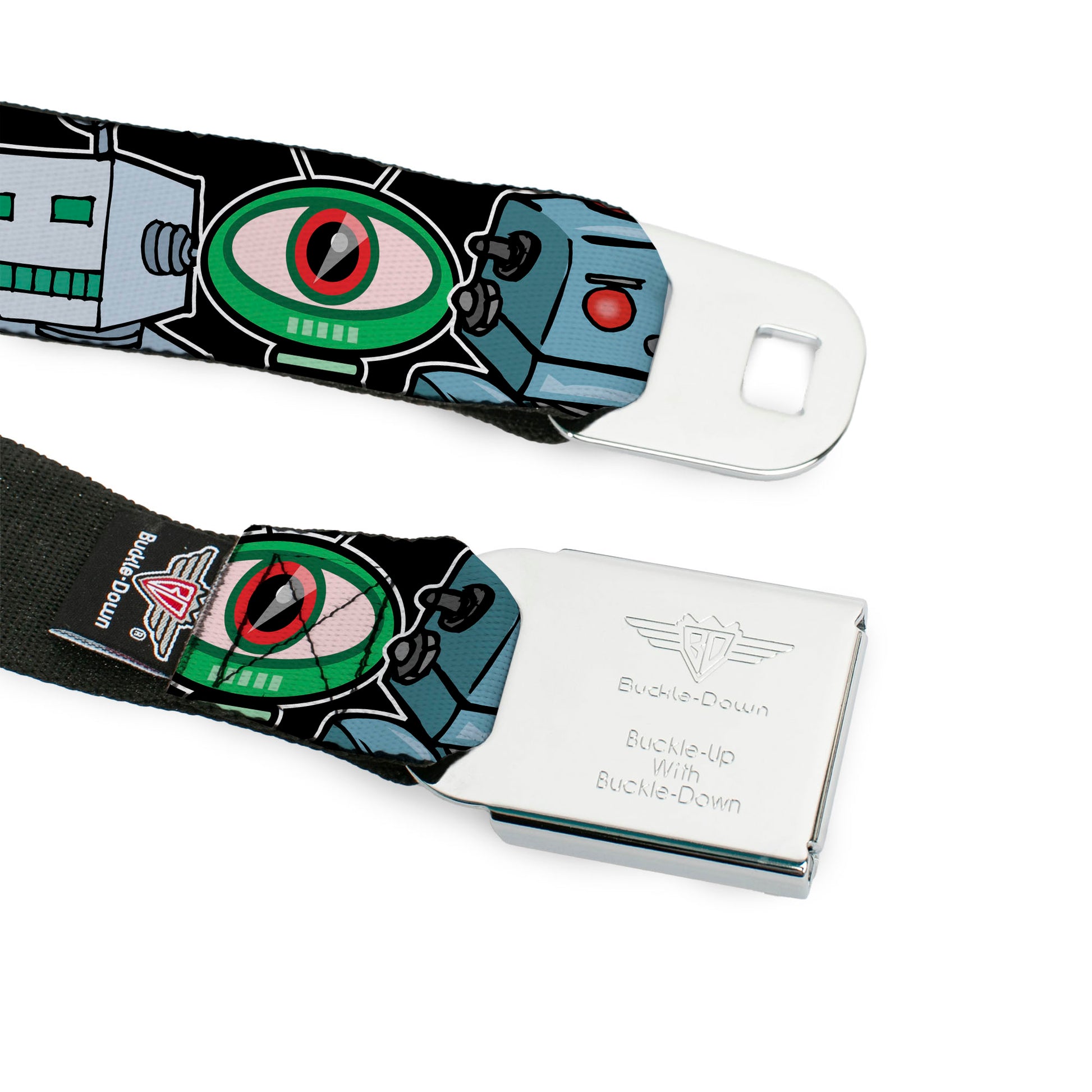 BD Wings Logo CLOSE-UP Full Color Black Silver Seatbelt Belt - Robots CLOSE-UP Black Webbing Seatbelt Belts Buckle-Down