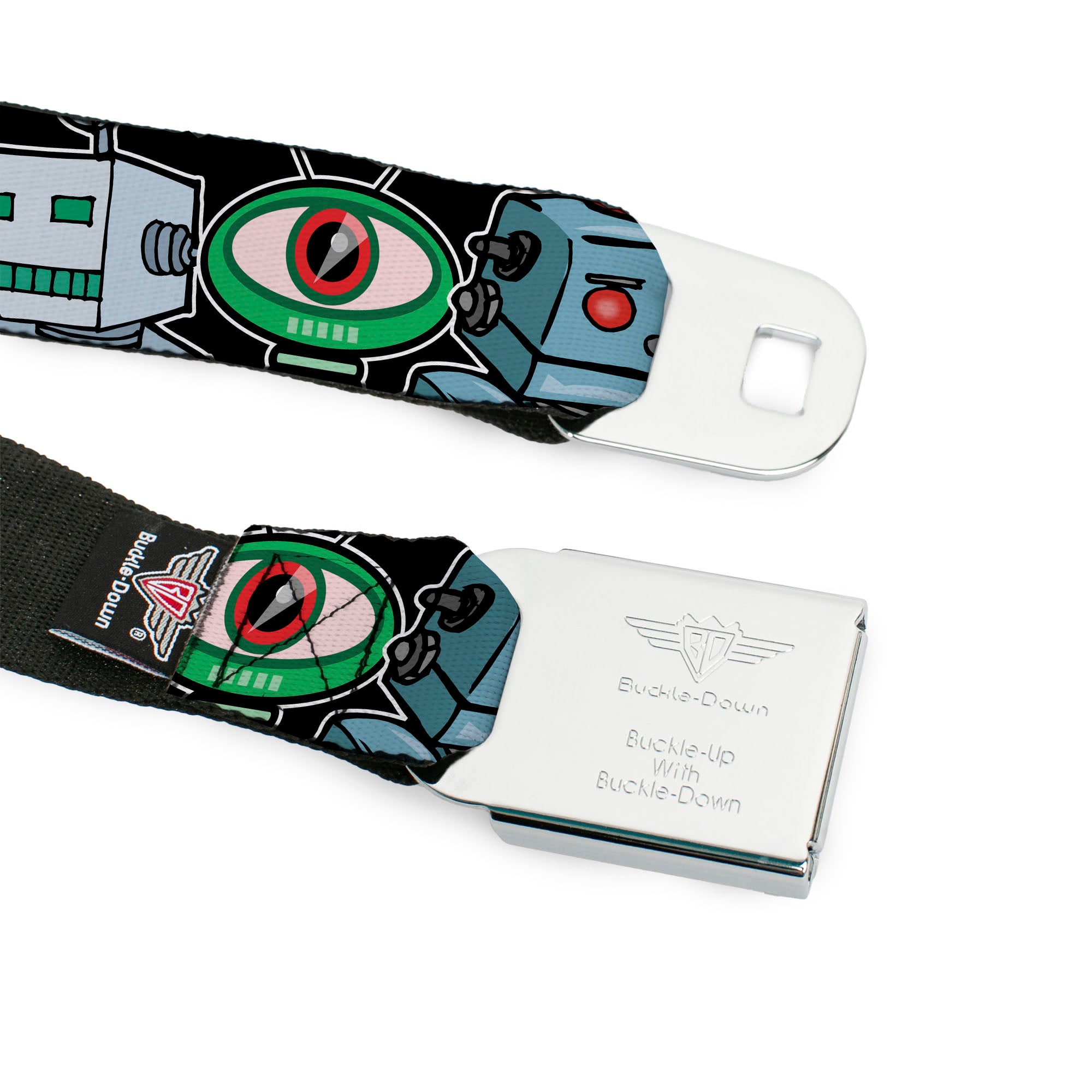 BD Wings Logo CLOSE-UP Full Color Black Silver Seatbelt Belt - Robots CLOSE-UP Black Webbing Seatbelt Belts Buckle-Down