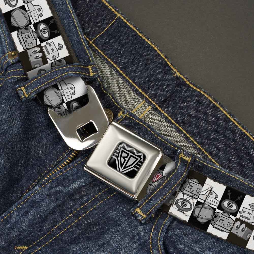 BD Wings Logo CLOSE-UP Full Color Black Silver Seatbelt Belt - Robot Heads Checkers Black/White Webbing Seatbelt Belts Buckle-Down