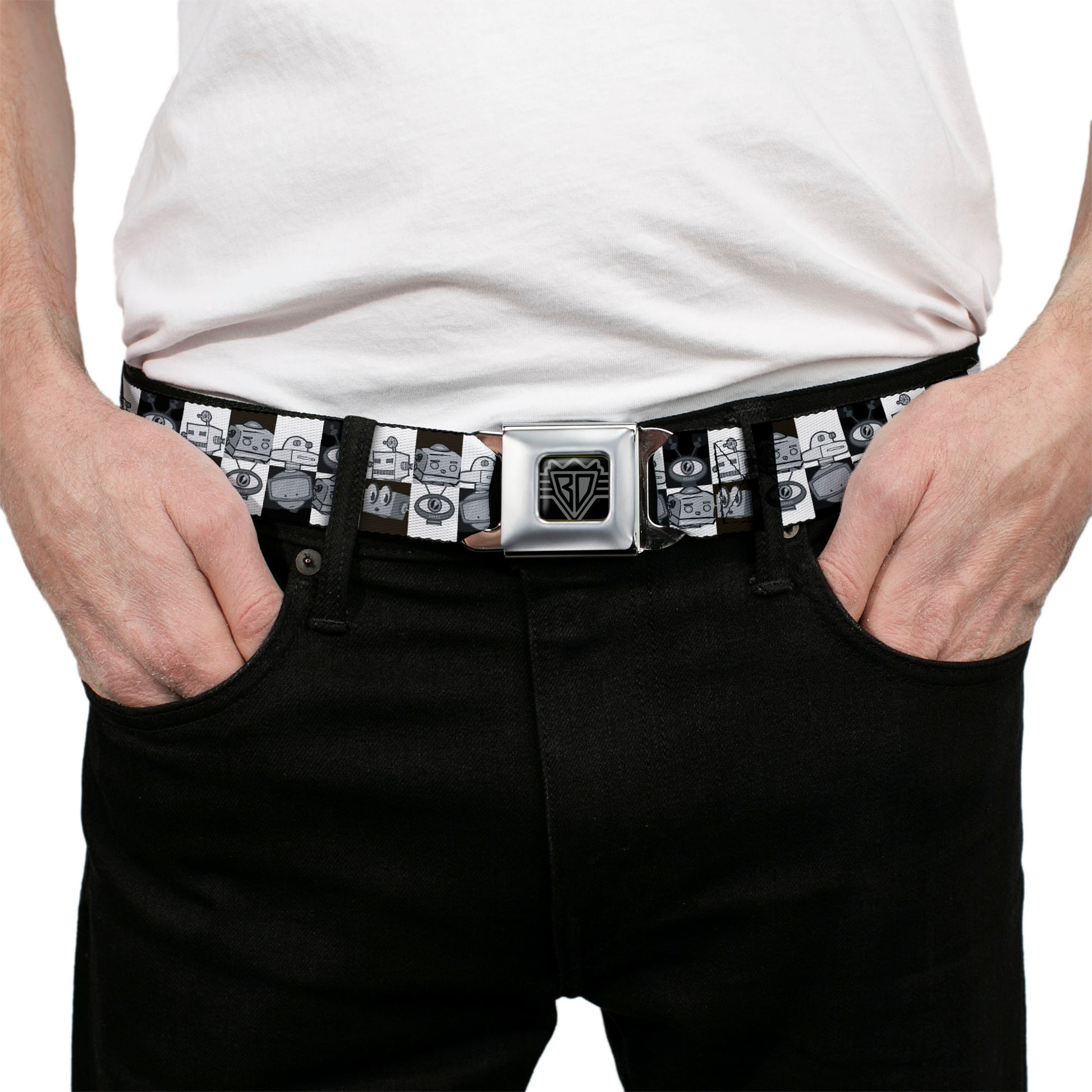 BD Wings Logo CLOSE-UP Full Color Black Silver Seatbelt Belt - Robot Heads Checkers Black/White Webbing Seatbelt Belts Buckle-Down