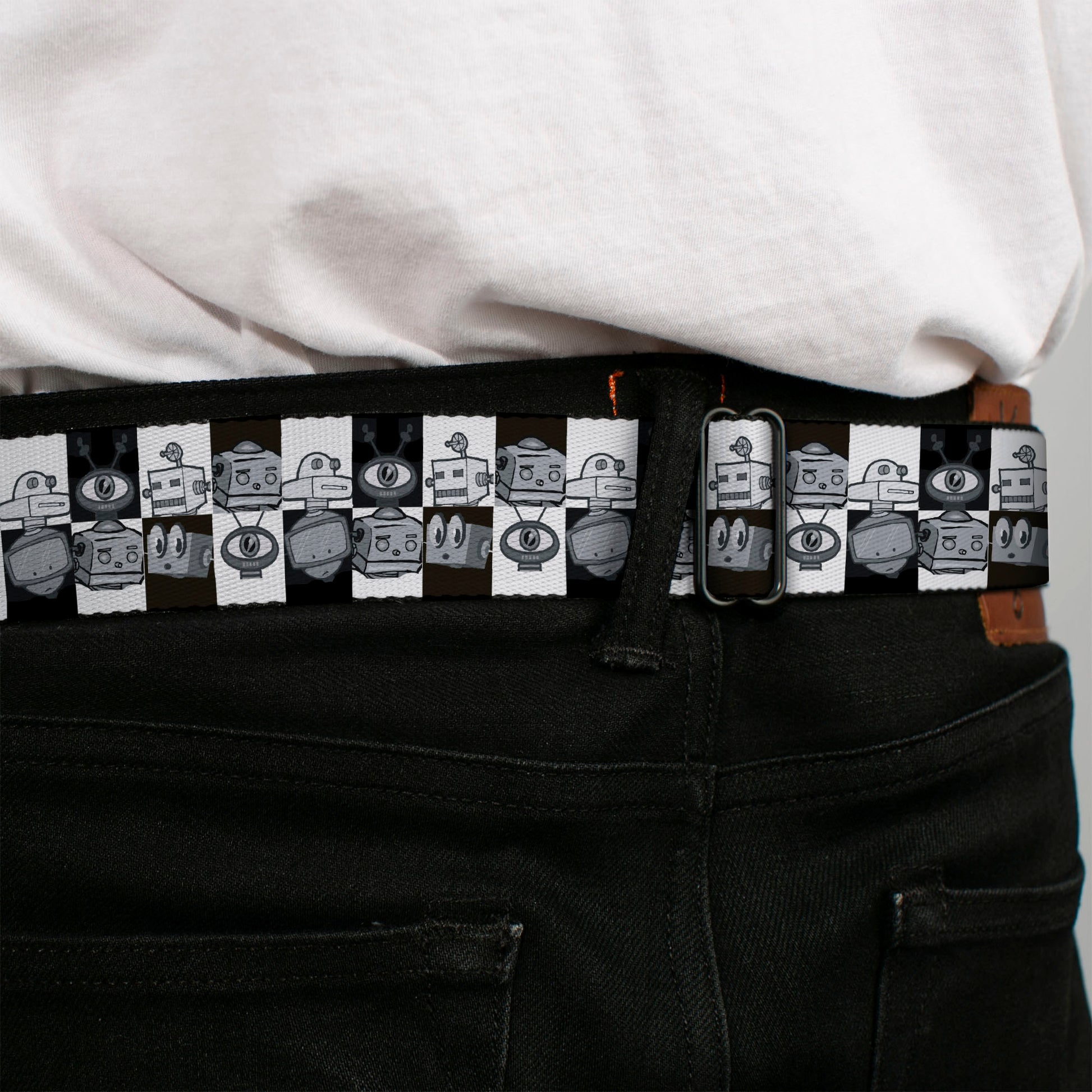 BD Wings Logo CLOSE-UP Full Color Black Silver Seatbelt Belt - Robot Heads Checkers Black/White Webbing Seatbelt Belts Buckle-Down