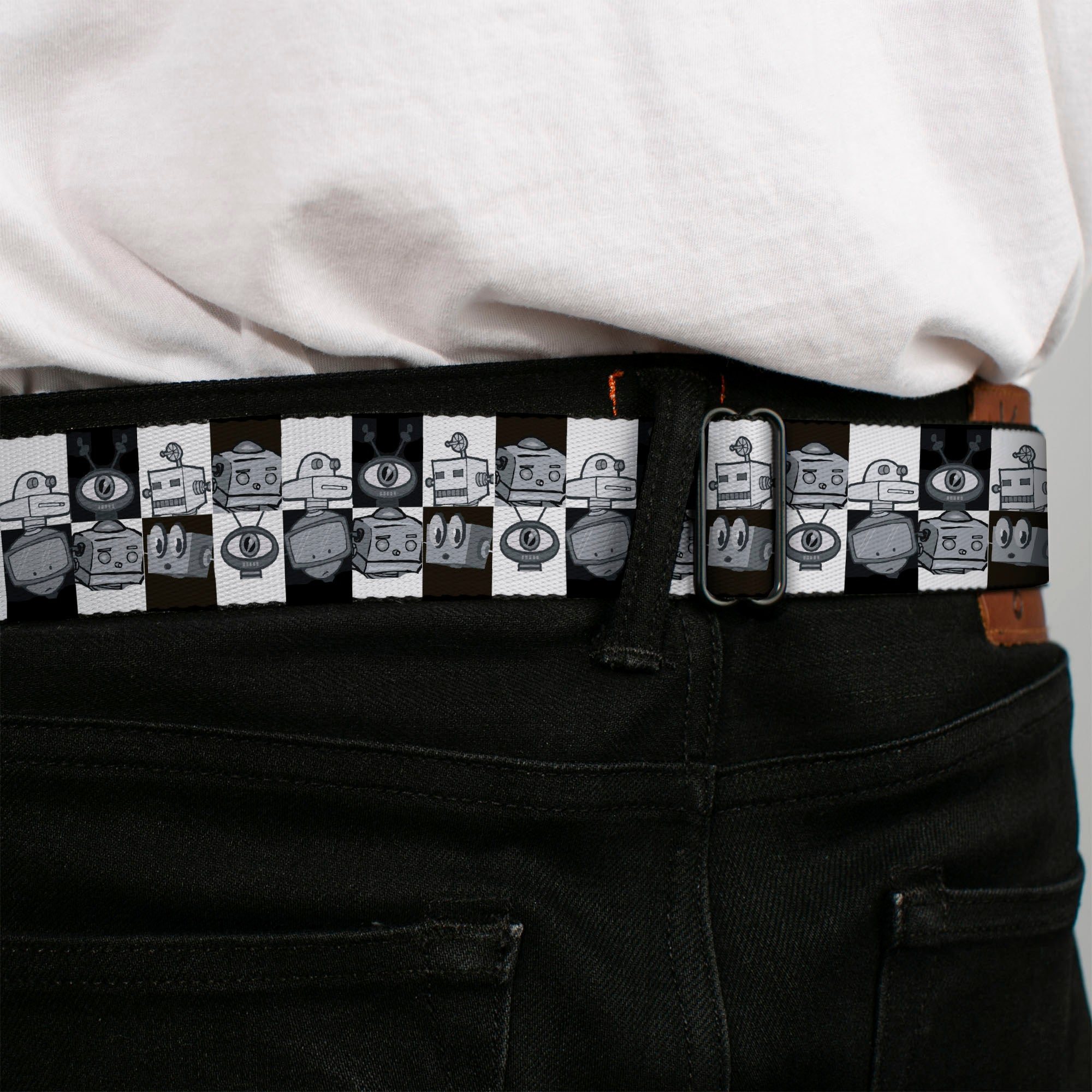 BD Wings Logo CLOSE-UP Full Color Black Silver Seatbelt Belt - Robot Heads Checkers Black/White Webbing Seatbelt Belts Buckle-Down