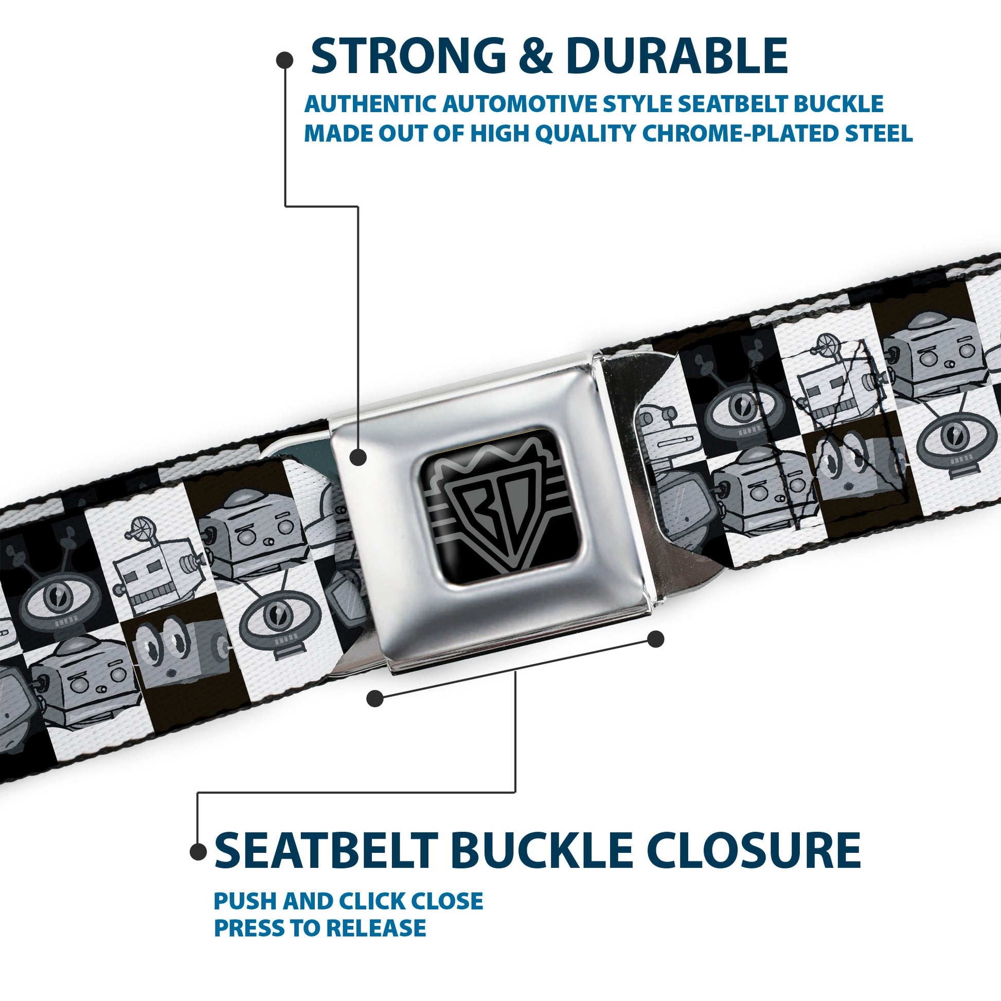 BD Wings Logo CLOSE-UP Full Color Black Silver Seatbelt Belt - Robot Heads Checkers Black/White Webbing Seatbelt Belts Buckle-Down