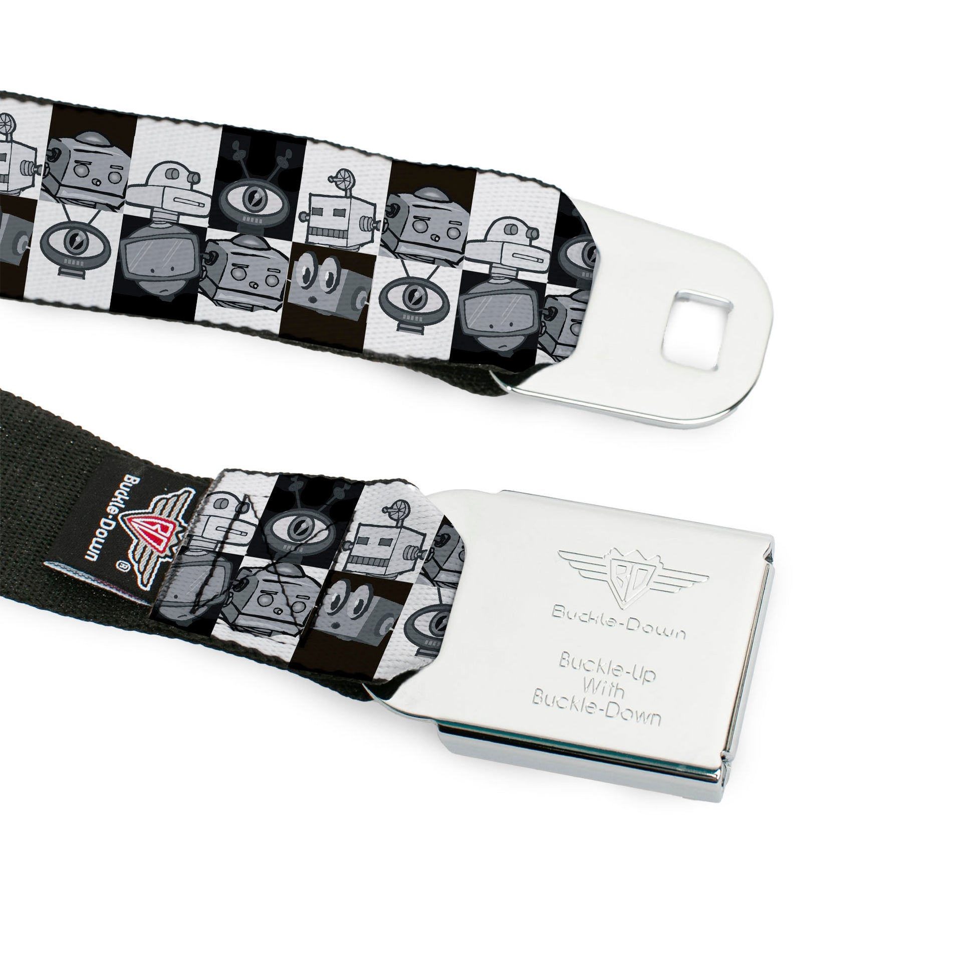 BD Wings Logo CLOSE-UP Full Color Black Silver Seatbelt Belt - Robot Heads Checkers Black/White Webbing Seatbelt Belts Buckle-Down