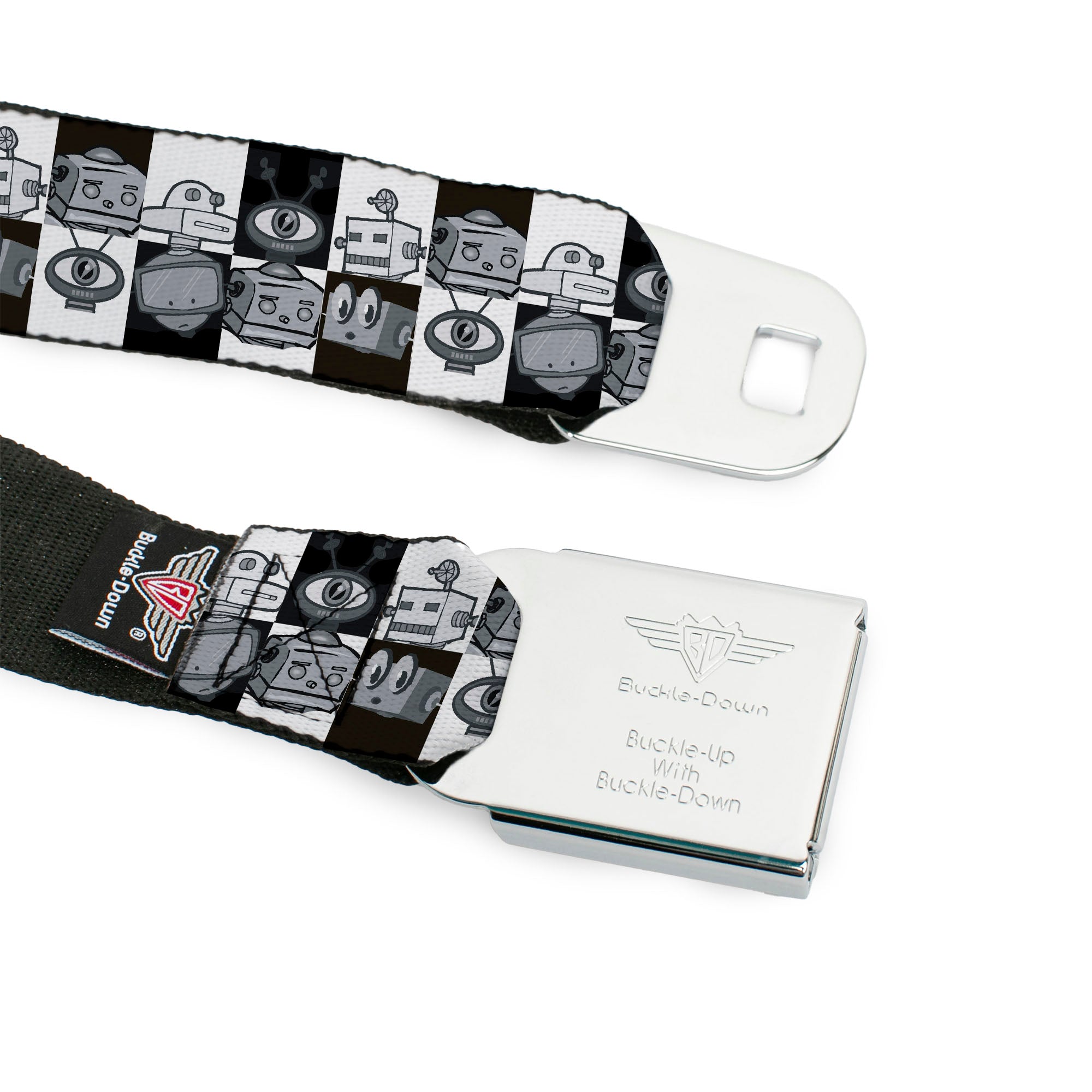 BD Wings Logo CLOSE-UP Full Color Black Silver Seatbelt Belt - Robot Heads Checkers Black/White Webbing Seatbelt Belts Buckle-Down