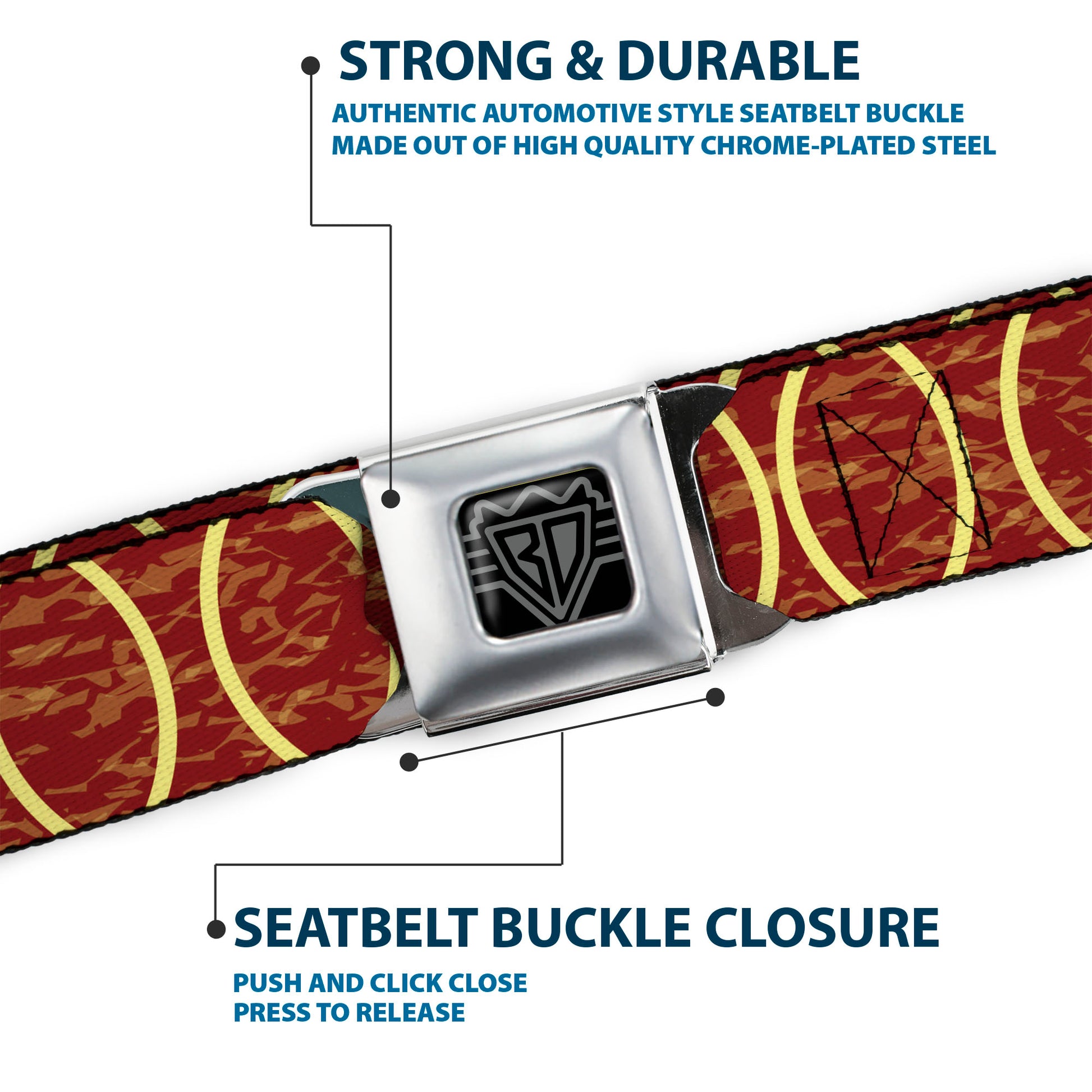 BD Wings Logo CLOSE-UP Full Color Black Silver Seatbelt Belt - Rings Camo Burnt Orange/Yellow Webbing Seatbelt Belts Buckle-Down
