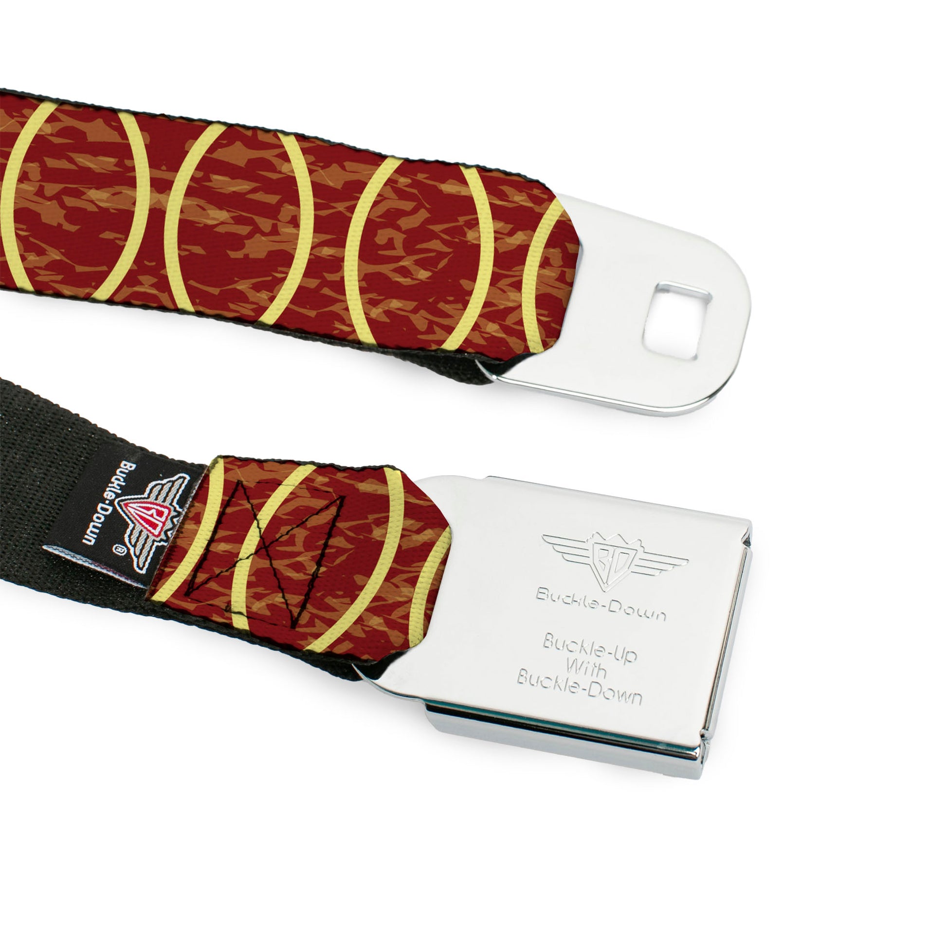 BD Wings Logo CLOSE-UP Full Color Black Silver Seatbelt Belt - Rings Camo Burnt Orange/Yellow Webbing Seatbelt Belts Buckle-Down