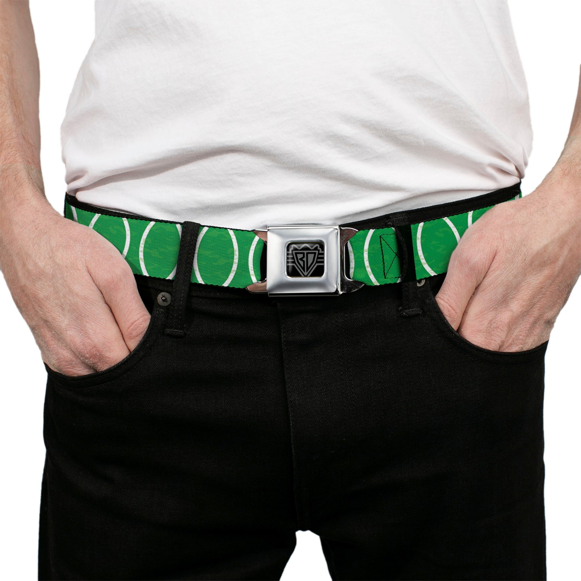 BD Wings Logo CLOSE-UP Full Color Black Silver Seatbelt Belt - Rings Camo Neon Green/White Webbing Seatbelt Belts Buckle-Down