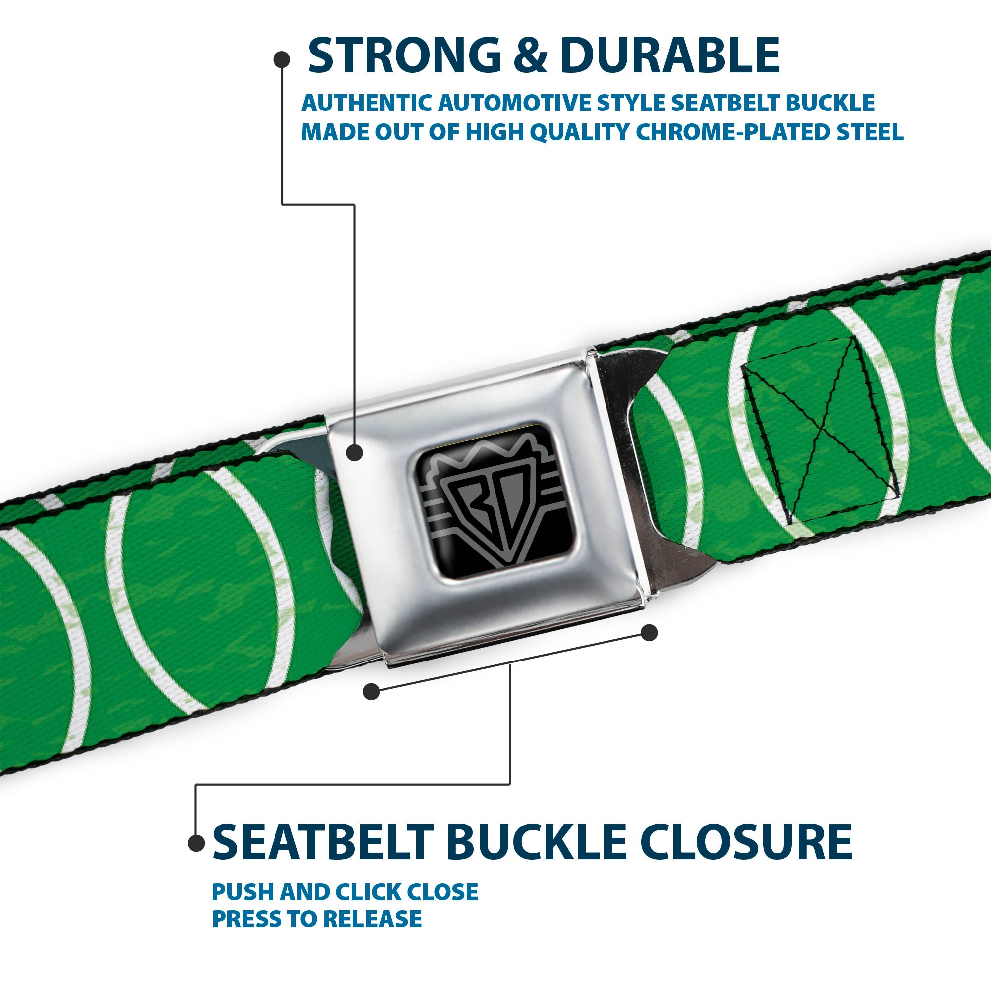 BD Wings Logo CLOSE-UP Full Color Black Silver Seatbelt Belt - Rings Camo Neon Green/White Webbing Seatbelt Belts Buckle-Down