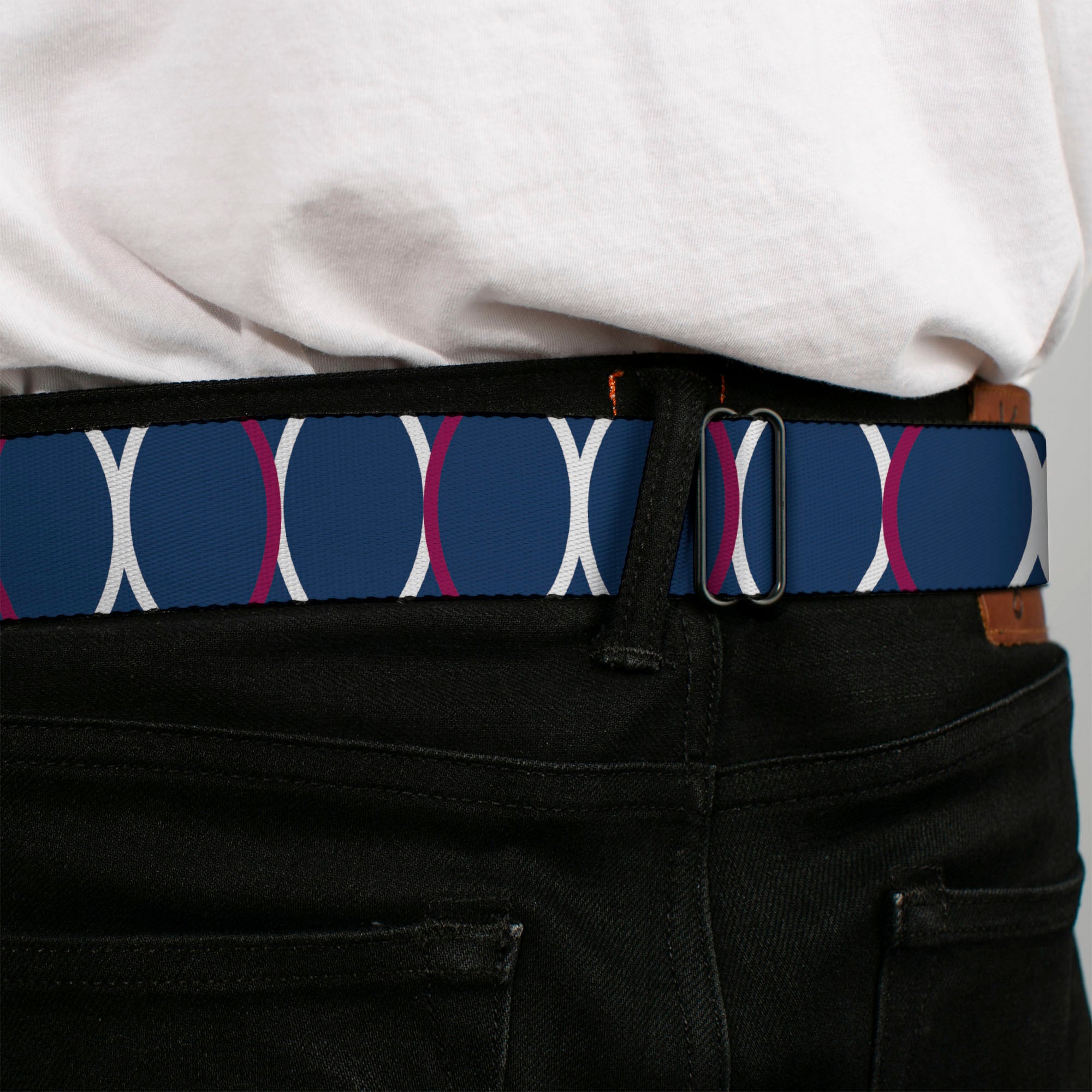 BD Wings Logo CLOSE-UP Full Color Black Silver Seatbelt Belt - Rings Turquoise/White/Fuchsia Webbing Seatbelt Belts Buckle-Down