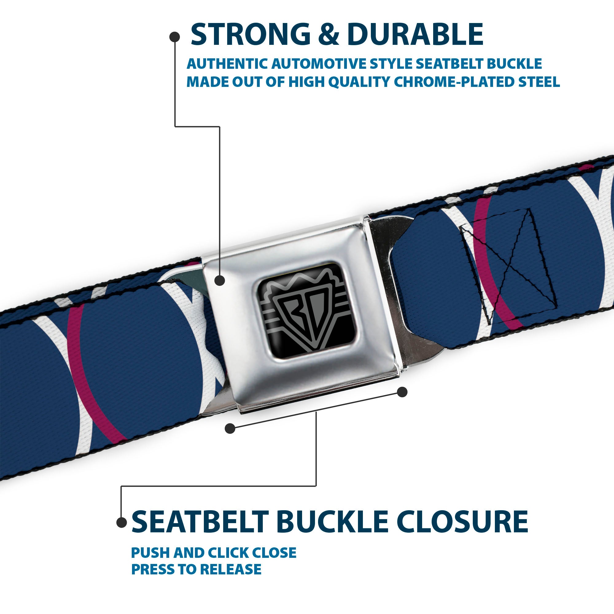 BD Wings Logo CLOSE-UP Full Color Black Silver Seatbelt Belt - Rings Turquoise/White/Fuchsia Webbing Seatbelt Belts Buckle-Down