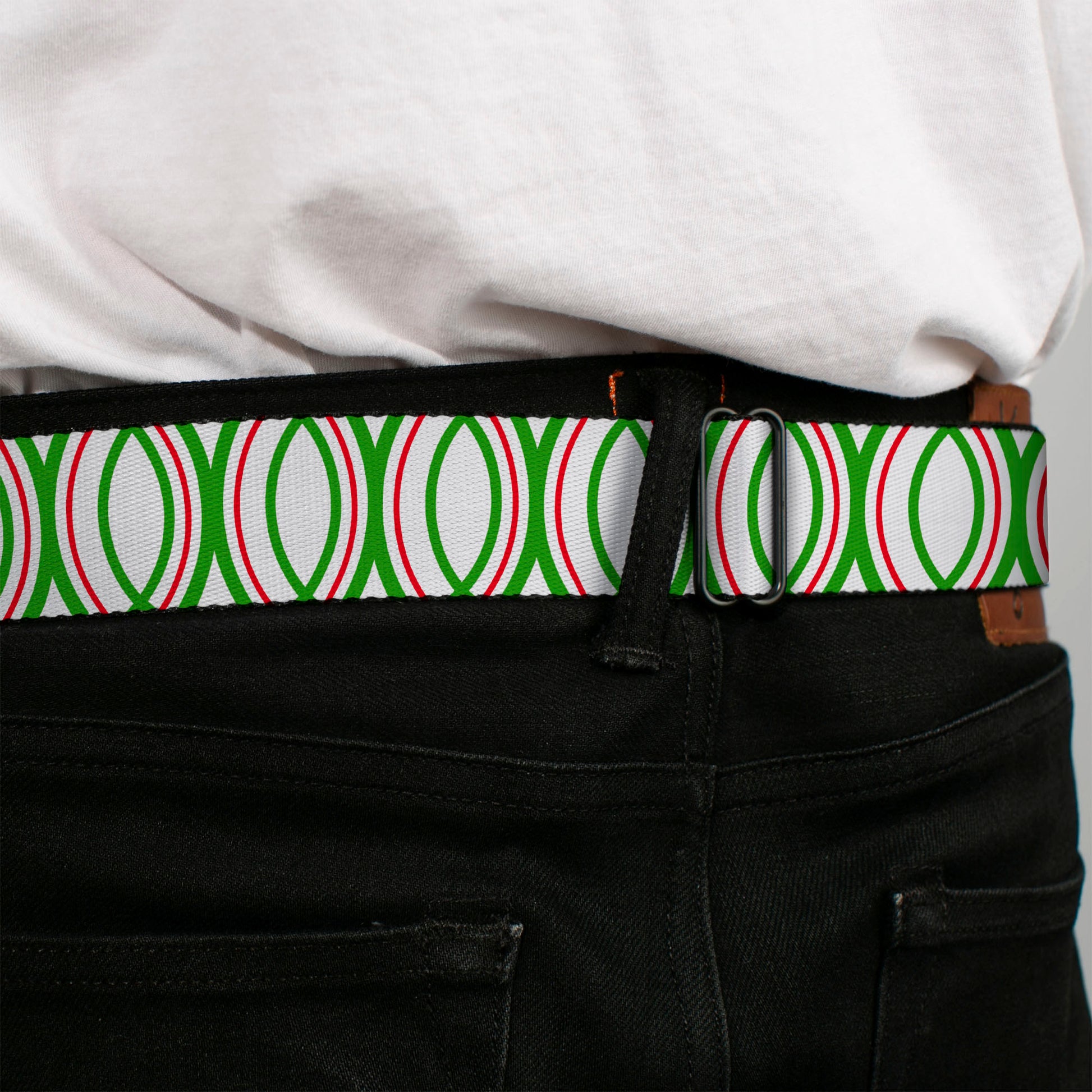 BD Wings Logo CLOSE-UP Full Color Black Silver Seatbelt Belt - Rings White/Green/Red Webbing Seatbelt Belts Buckle-Down