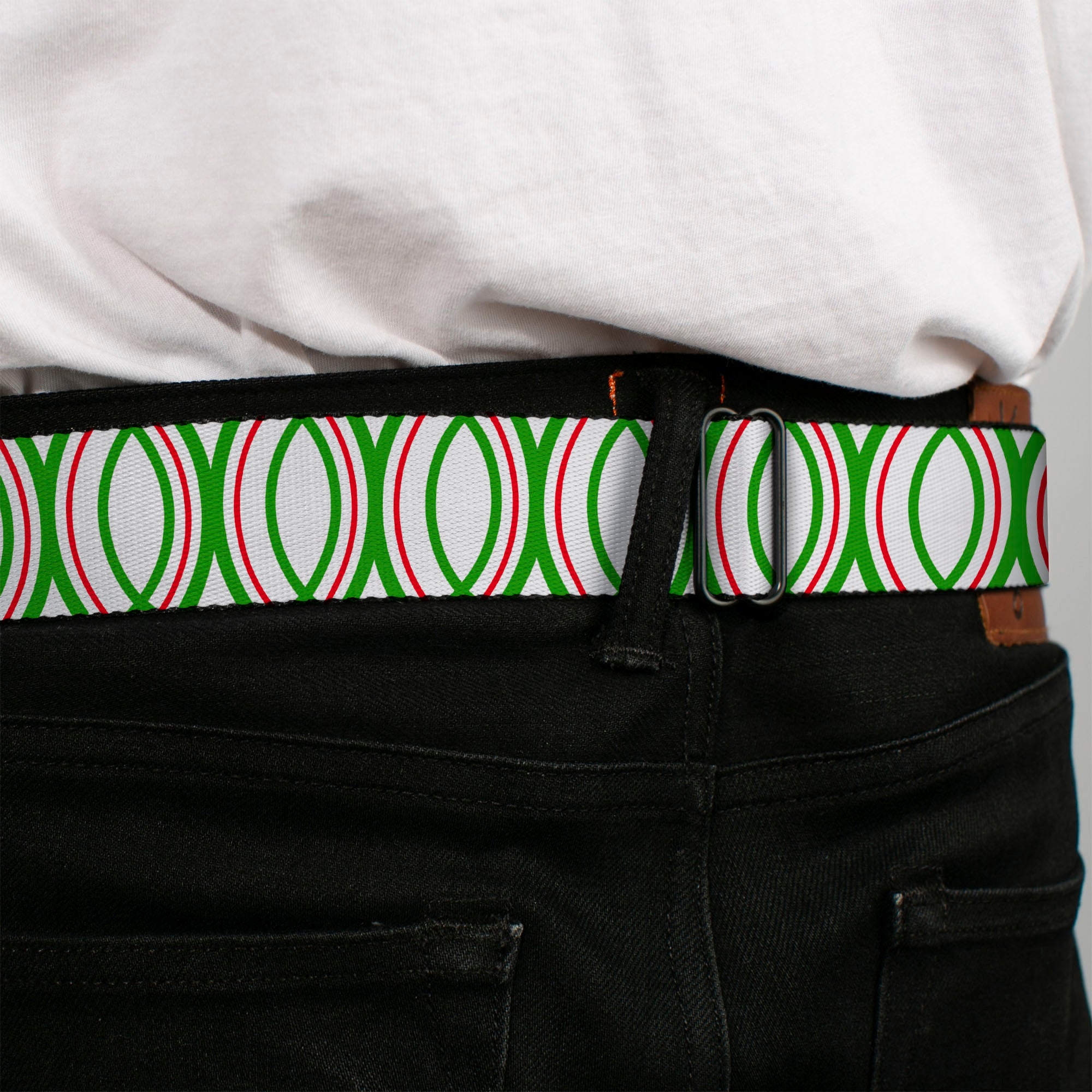 BD Wings Logo CLOSE-UP Full Color Black Silver Seatbelt Belt - Rings White/Green/Red Webbing Seatbelt Belts Buckle-Down