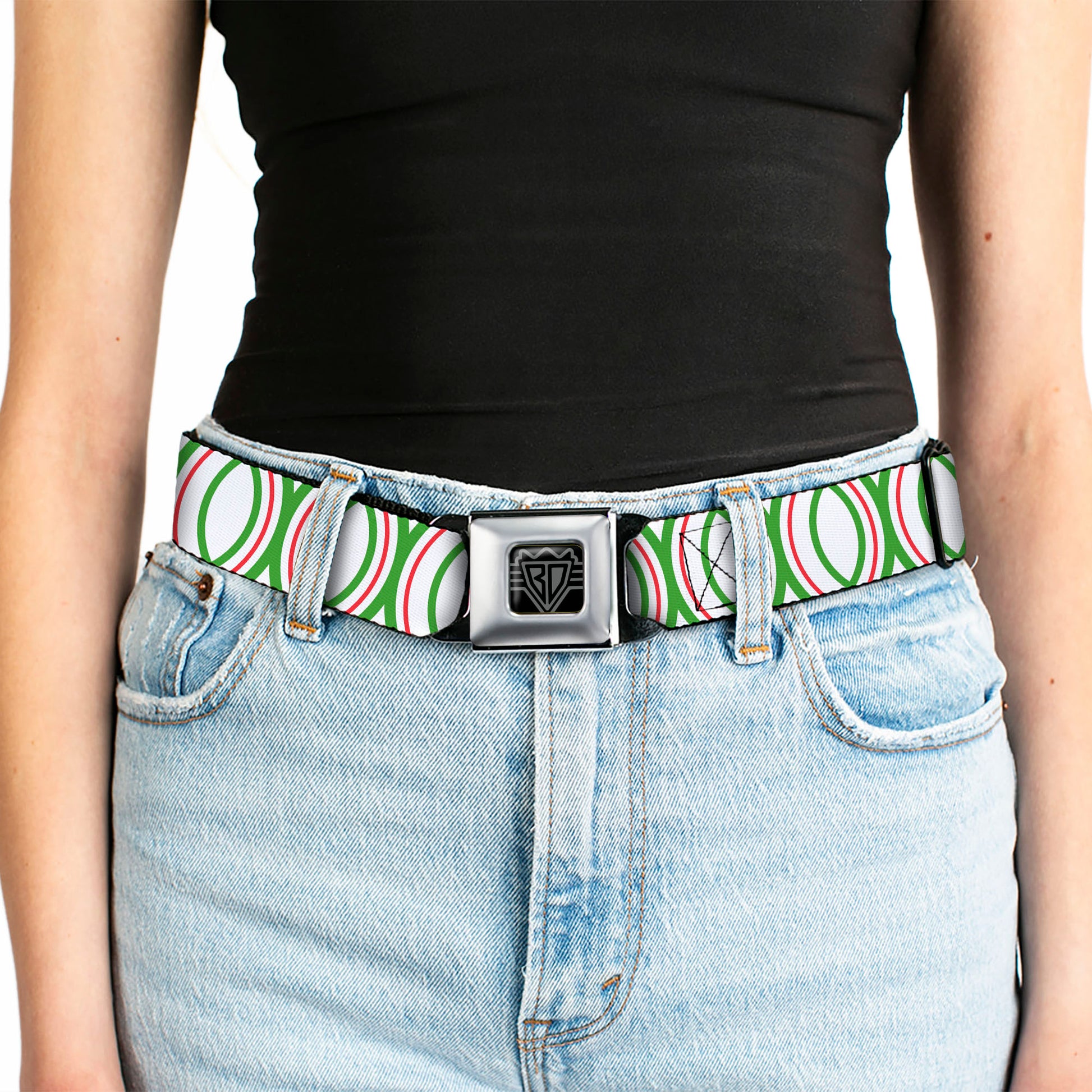 BD Wings Logo CLOSE-UP Full Color Black Silver Seatbelt Belt - Rings White/Green/Red Webbing Seatbelt Belts Buckle-Down