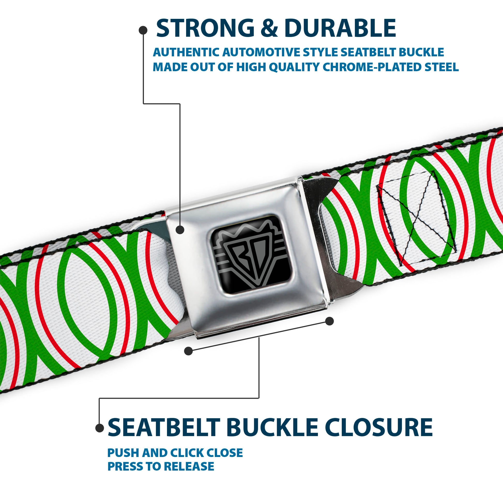 BD Wings Logo CLOSE-UP Full Color Black Silver Seatbelt Belt - Rings White/Green/Red Webbing Seatbelt Belts Buckle-Down