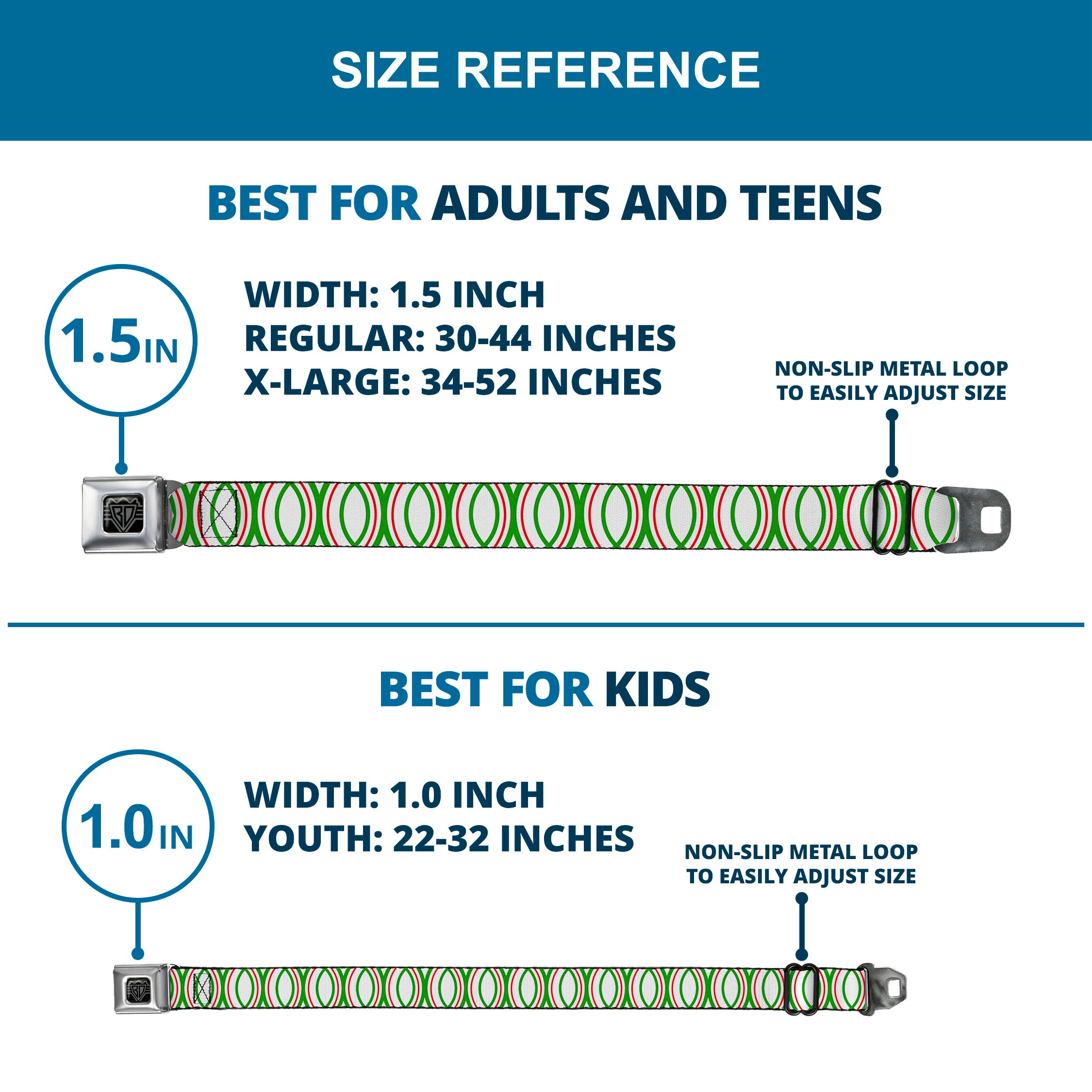 BD Wings Logo CLOSE-UP Full Color Black Silver Seatbelt Belt - Rings White/Green/Red Webbing Seatbelt Belts Buckle-Down