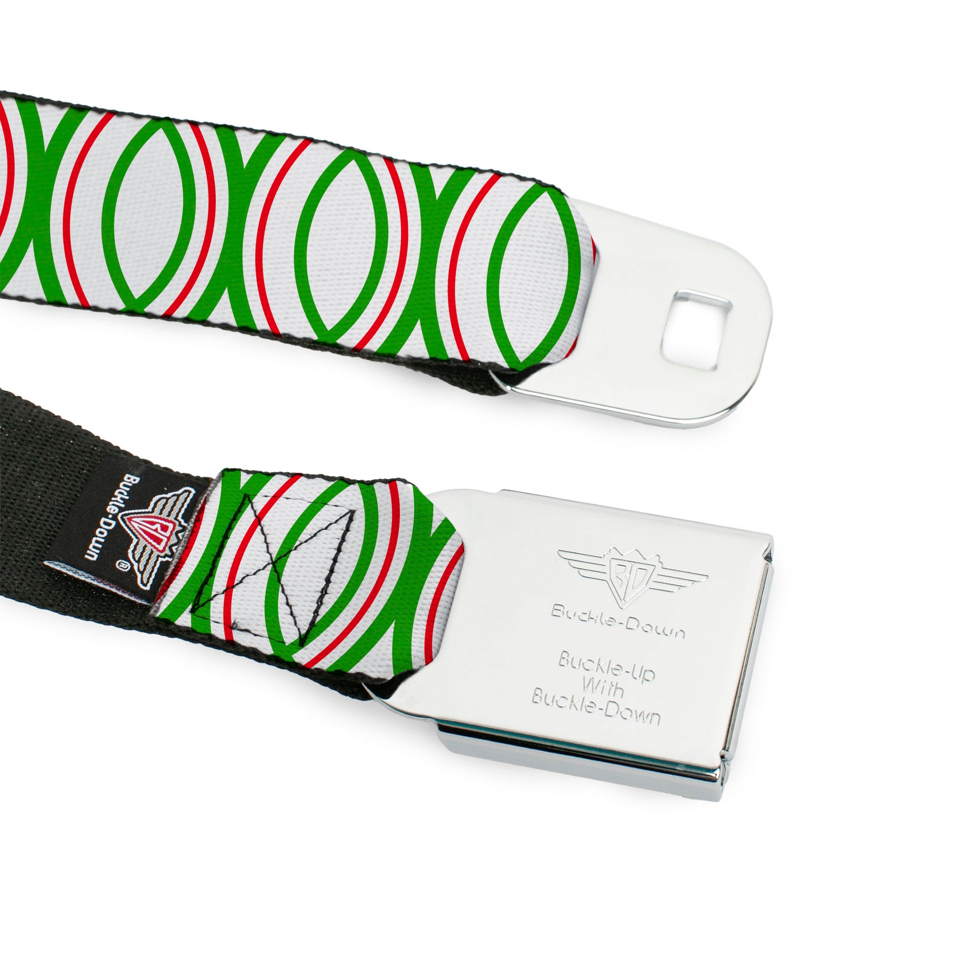 BD Wings Logo CLOSE-UP Full Color Black Silver Seatbelt Belt - Rings White/Green/Red Webbing Seatbelt Belts Buckle-Down