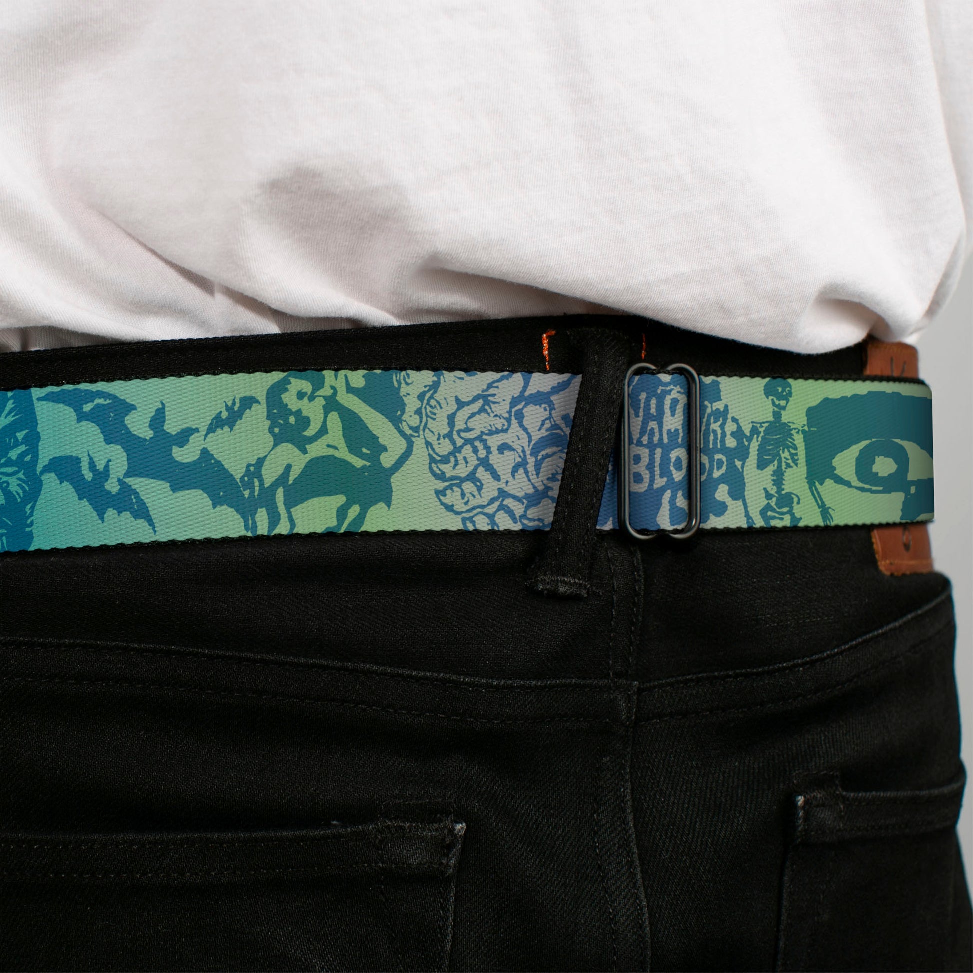 BD Wings Logo CLOSE-UP Full Color Black Silver Seatbelt Belt - Retro Monster Aqua Webbing Seatbelt Belts Buckle-Down