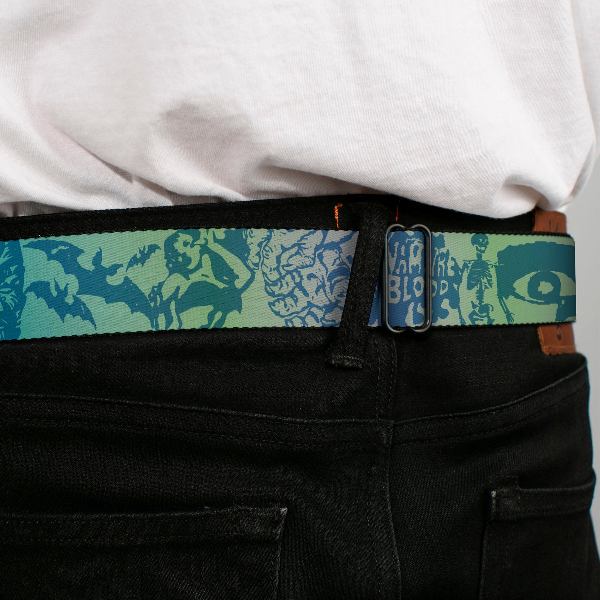 BD Wings Logo CLOSE-UP Full Color Black Silver Seatbelt Belt - Retro Monster Aqua Webbing Seatbelt Belts Buckle-Down