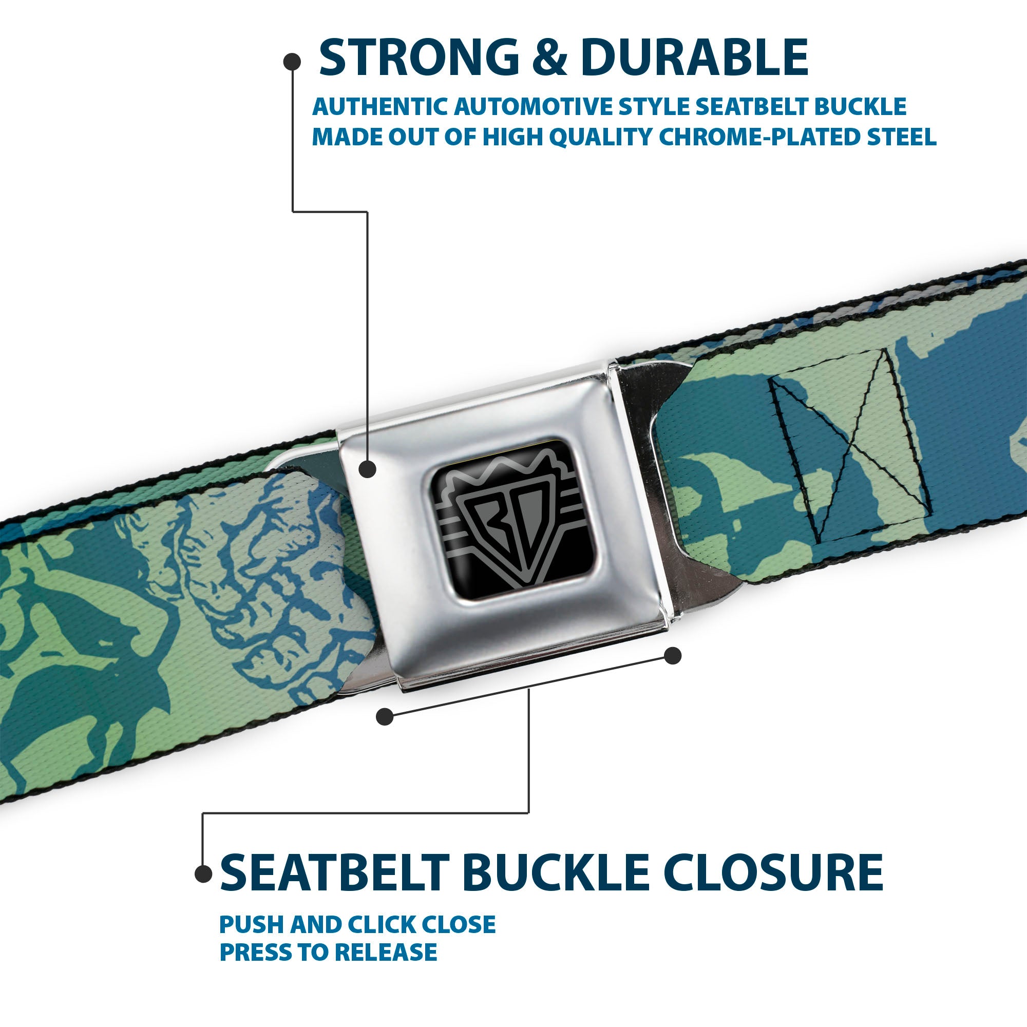 BD Wings Logo CLOSE-UP Full Color Black Silver Seatbelt Belt - Retro Monster Aqua Webbing Seatbelt Belts Buckle-Down