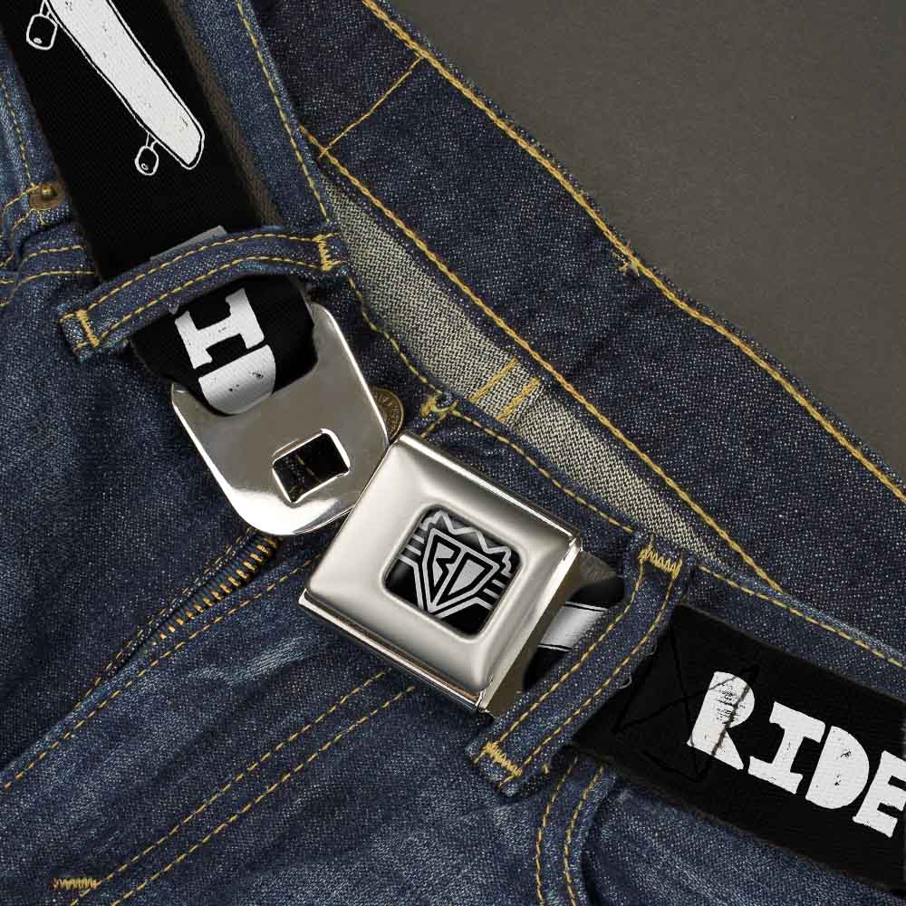 BD Wings Logo CLOSE-UP Full Color Black Silver Seatbelt Belt - RIDE ME Skateboard Black/White Webbing Seatbelt Belts Buckle-Down