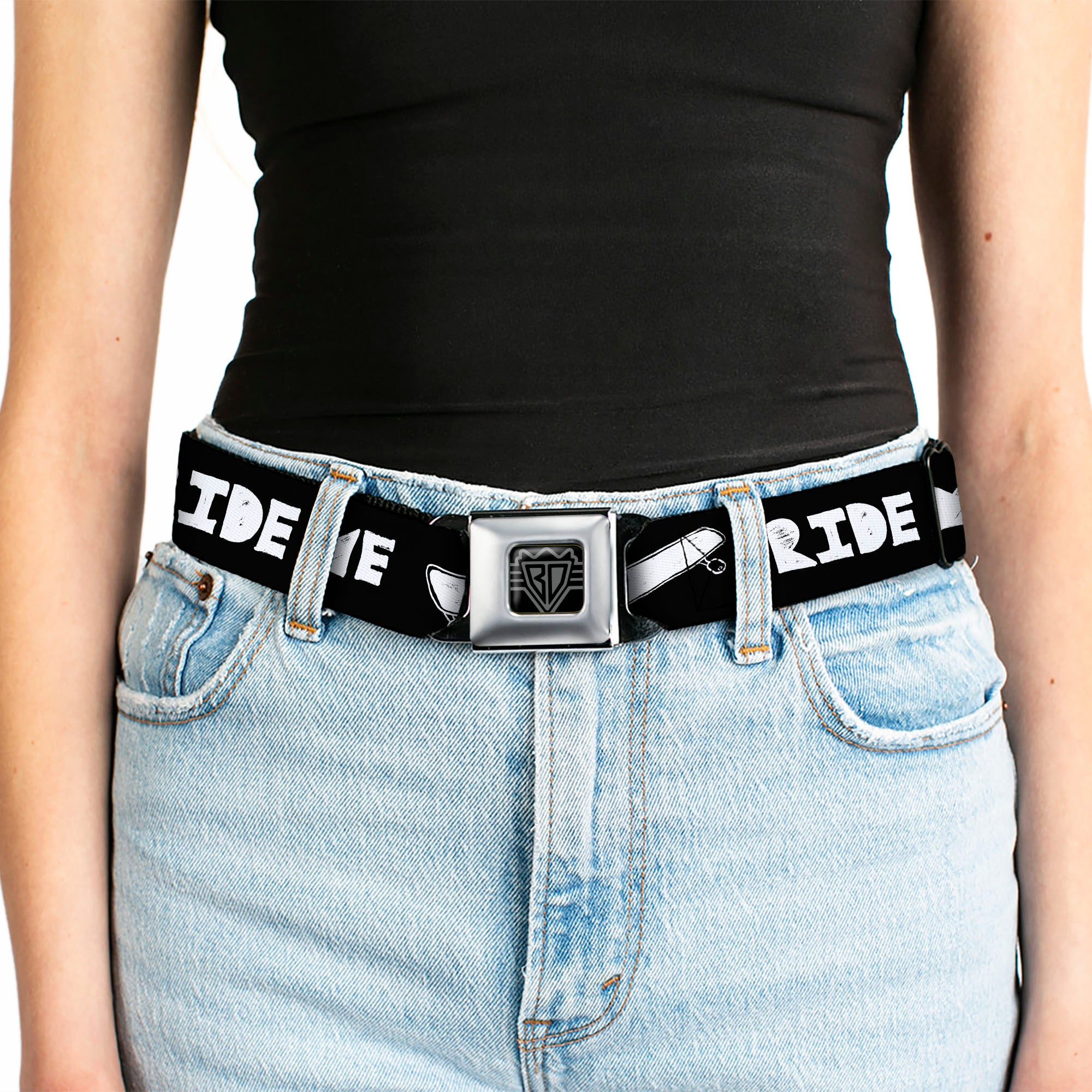 BD Wings Logo CLOSE-UP Full Color Black Silver Seatbelt Belt - RIDE ME Skateboard Black/White Webbing Seatbelt Belts Buckle-Down