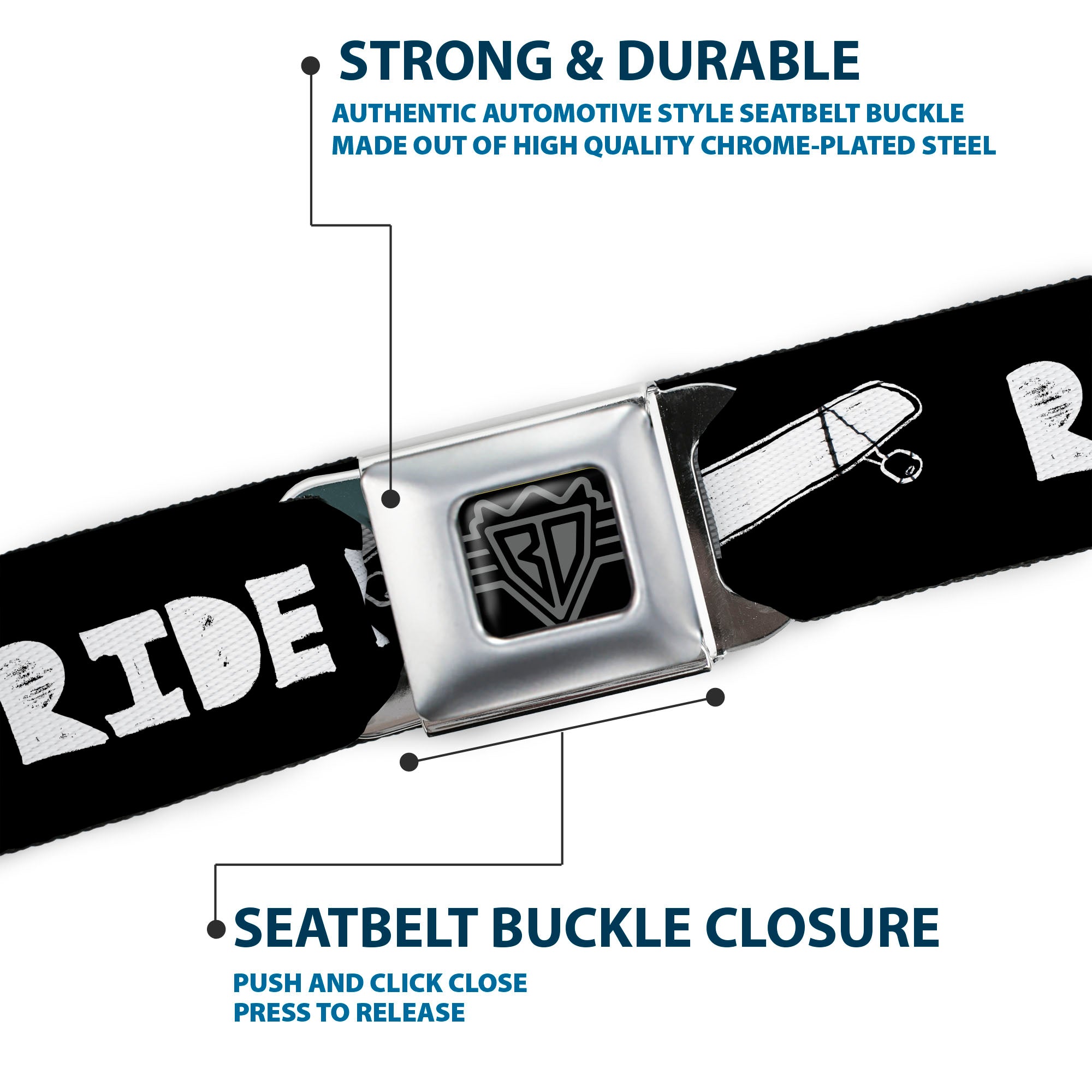 BD Wings Logo CLOSE-UP Full Color Black Silver Seatbelt Belt - RIDE ME Skateboard Black/White Webbing Seatbelt Belts Buckle-Down