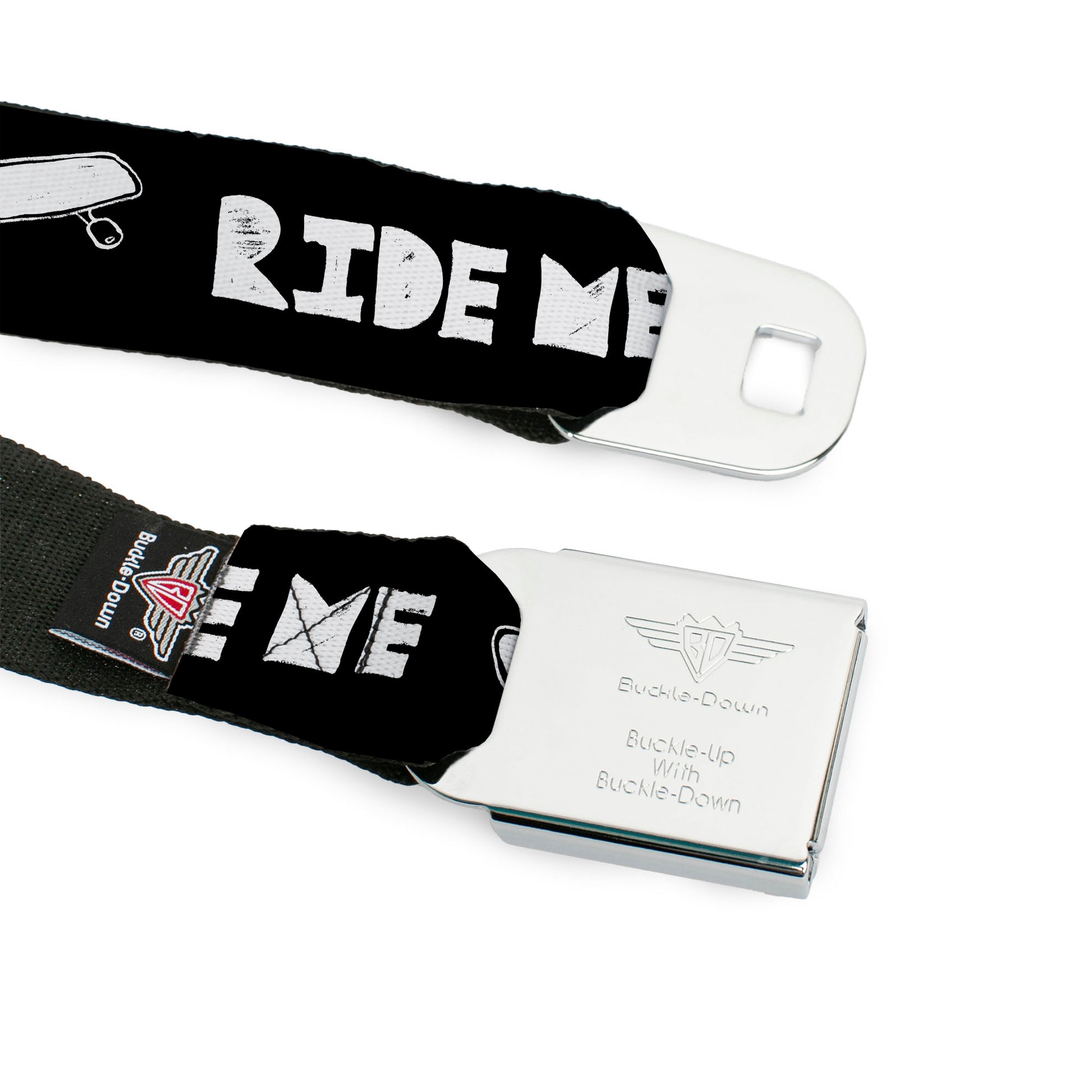 BD Wings Logo CLOSE-UP Full Color Black Silver Seatbelt Belt - RIDE ME Skateboard Black/White Webbing Seatbelt Belts Buckle-Down