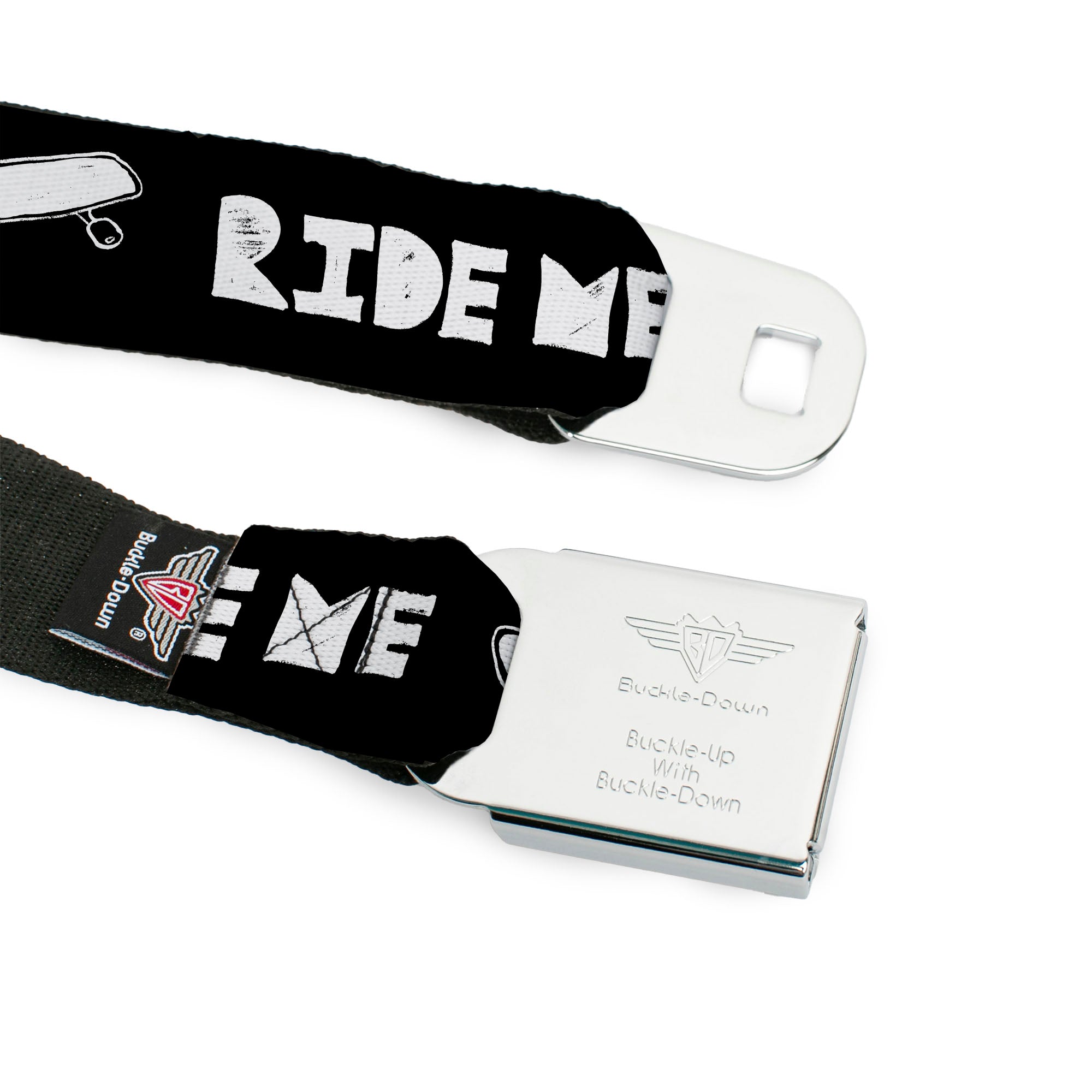 BD Wings Logo CLOSE-UP Full Color Black Silver Seatbelt Belt - RIDE ME Skateboard Black/White Webbing Seatbelt Belts Buckle-Down