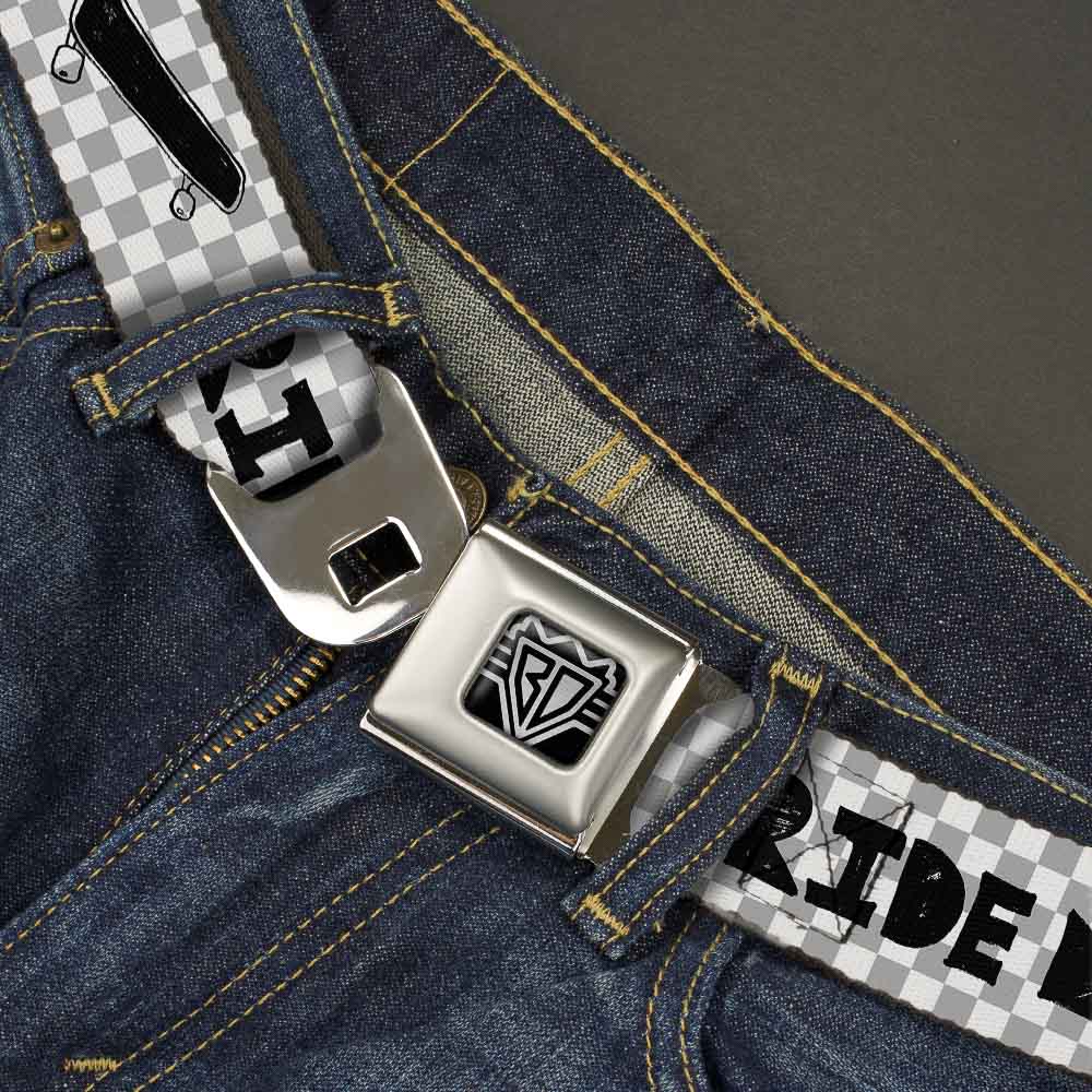 BD Wings Logo CLOSE-UP Full Color Black Silver Seatbelt Belt - RIDE ME Skateboard w/Mini Checker White/Gray/Black Webbing Seatbelt Belts Buckle-Down
