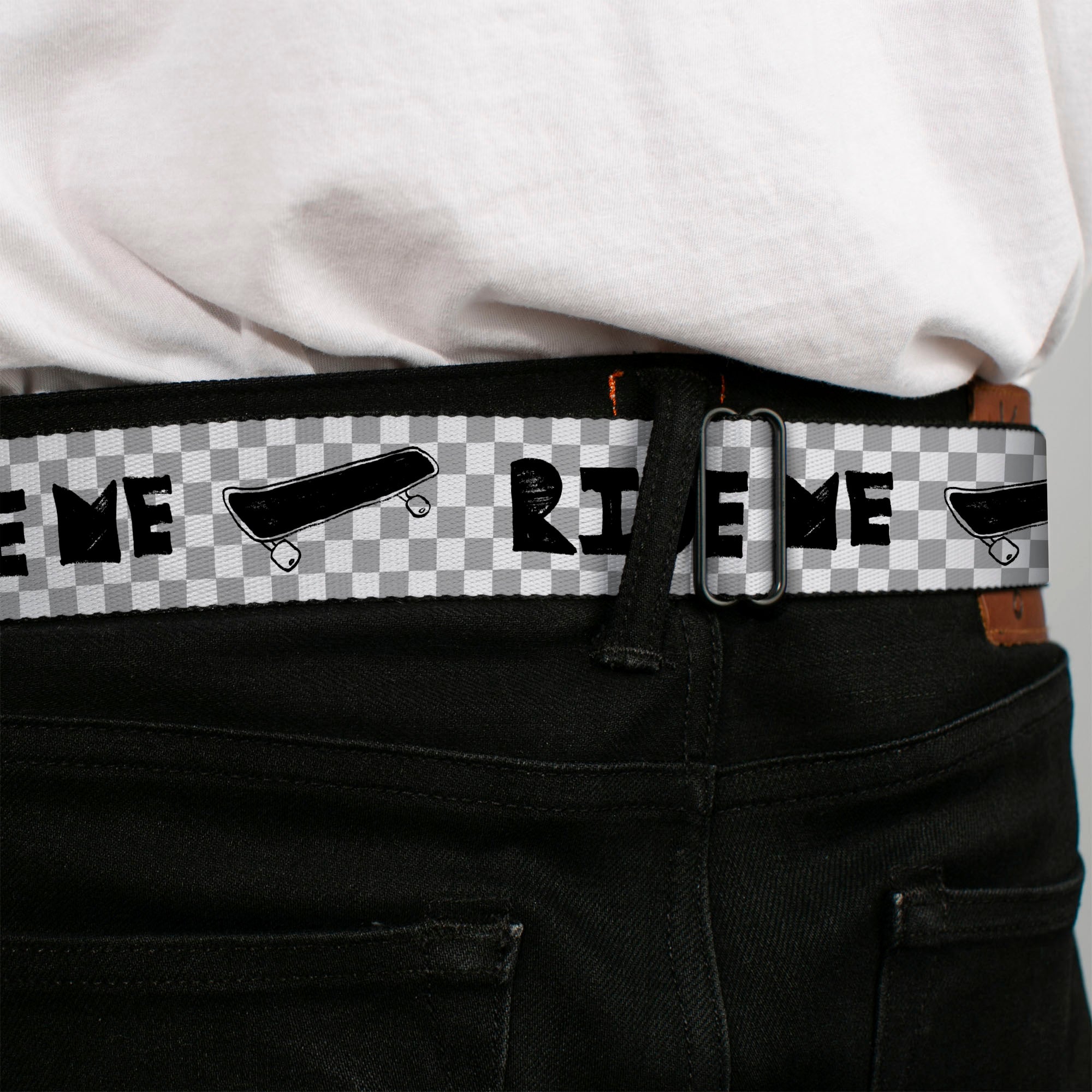 BD Wings Logo CLOSE-UP Full Color Black Silver Seatbelt Belt - RIDE ME Skateboard w/Mini Checker White/Gray/Black Webbing Seatbelt Belts Buckle-Down