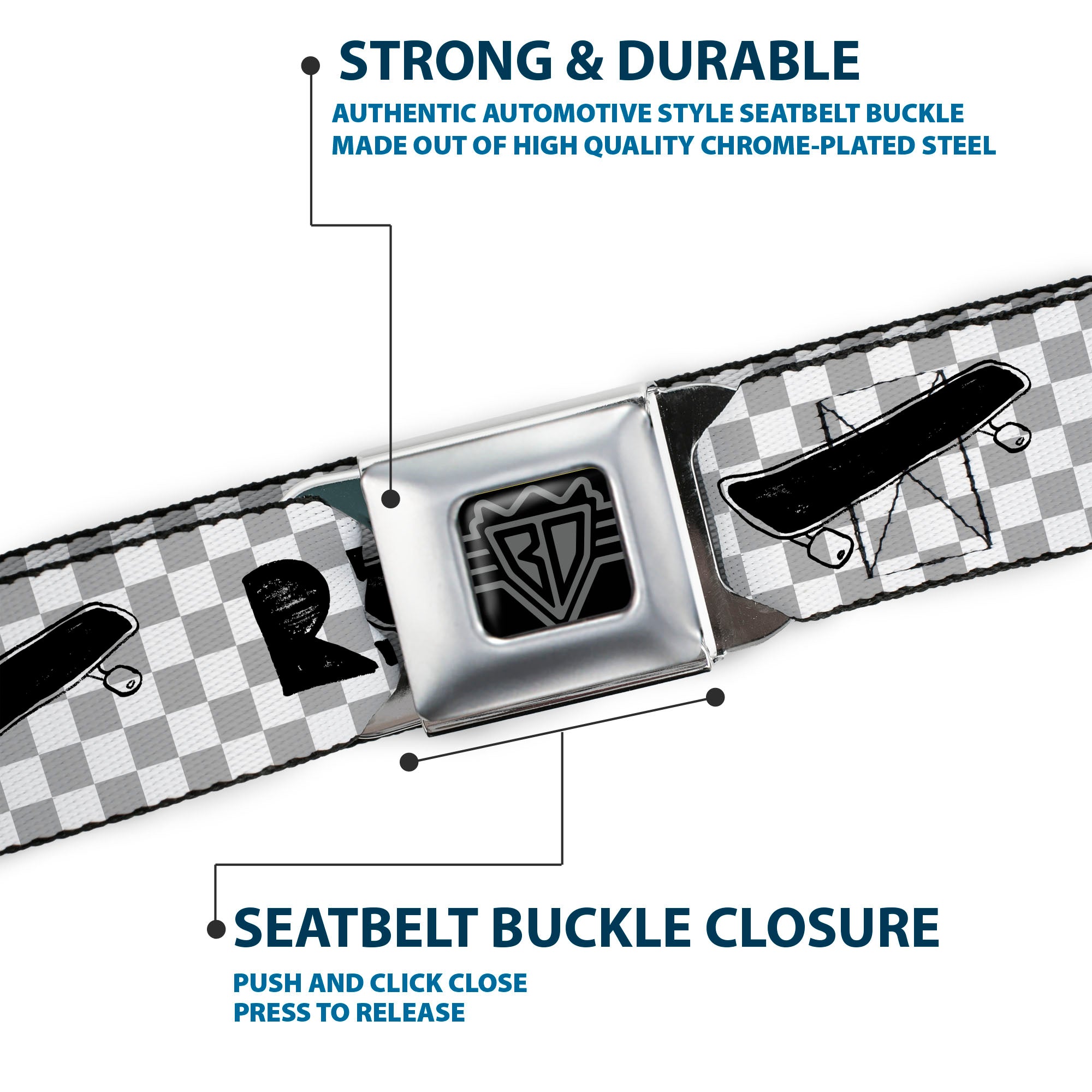 BD Wings Logo CLOSE-UP Full Color Black Silver Seatbelt Belt - RIDE ME Skateboard w/Mini Checker White/Gray/Black Webbing Seatbelt Belts Buckle-Down