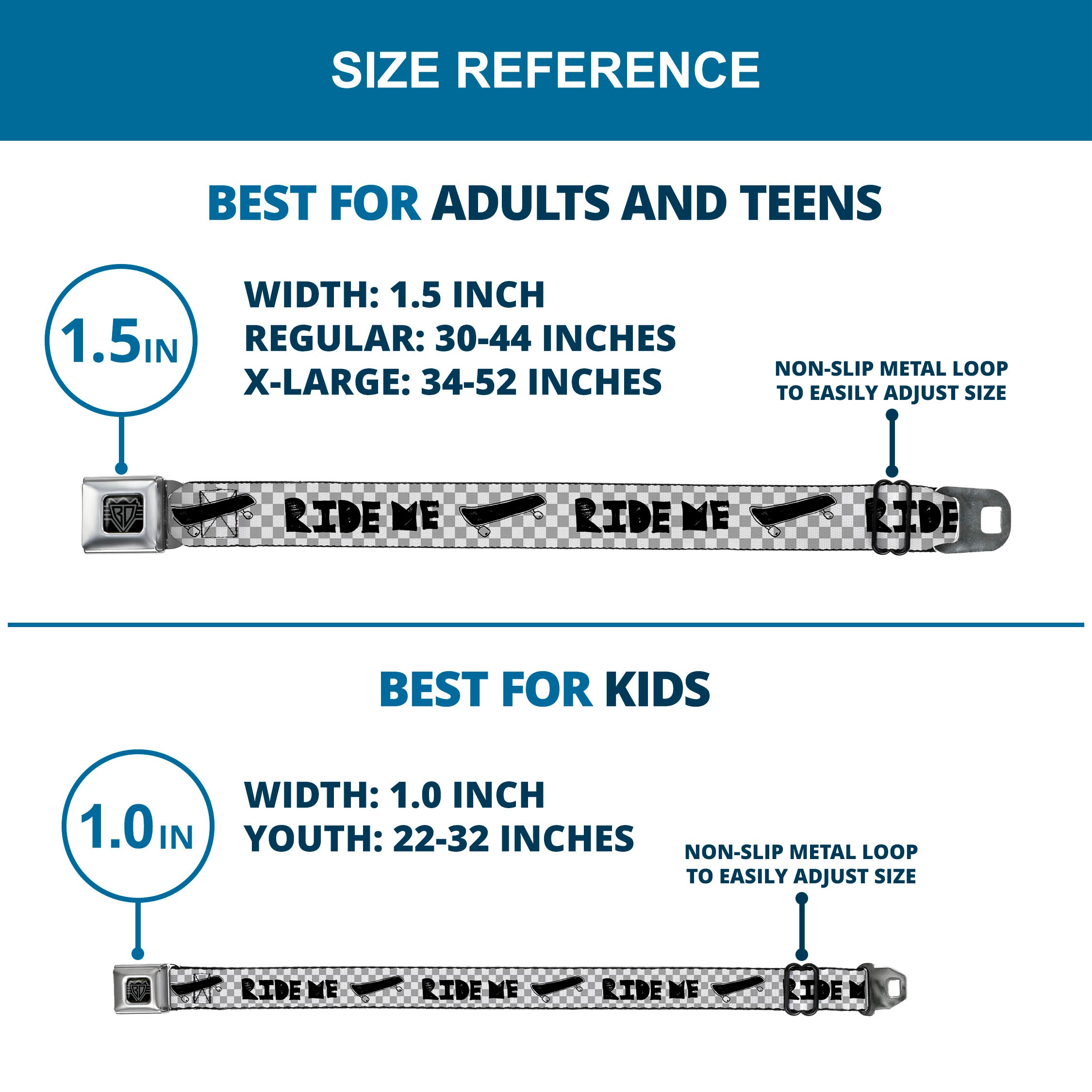 BD Wings Logo CLOSE-UP Full Color Black Silver Seatbelt Belt - RIDE ME Skateboard w/Mini Checker White/Gray/Black Webbing Seatbelt Belts Buckle-Down