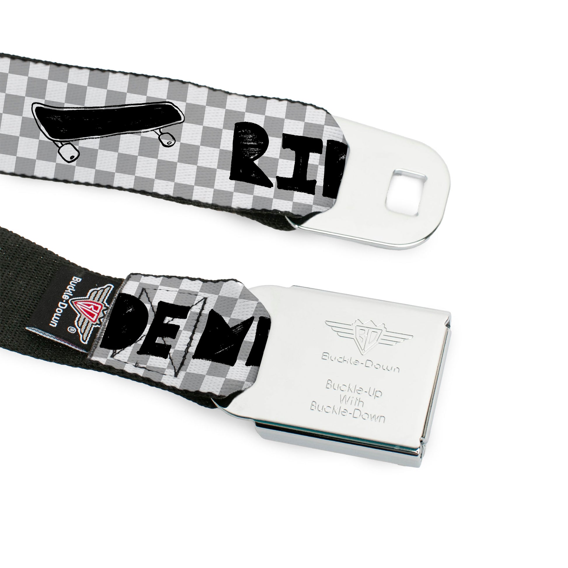 BD Wings Logo CLOSE-UP Full Color Black Silver Seatbelt Belt - RIDE ME Skateboard w/Mini Checker White/Gray/Black Webbing Seatbelt Belts Buckle-Down