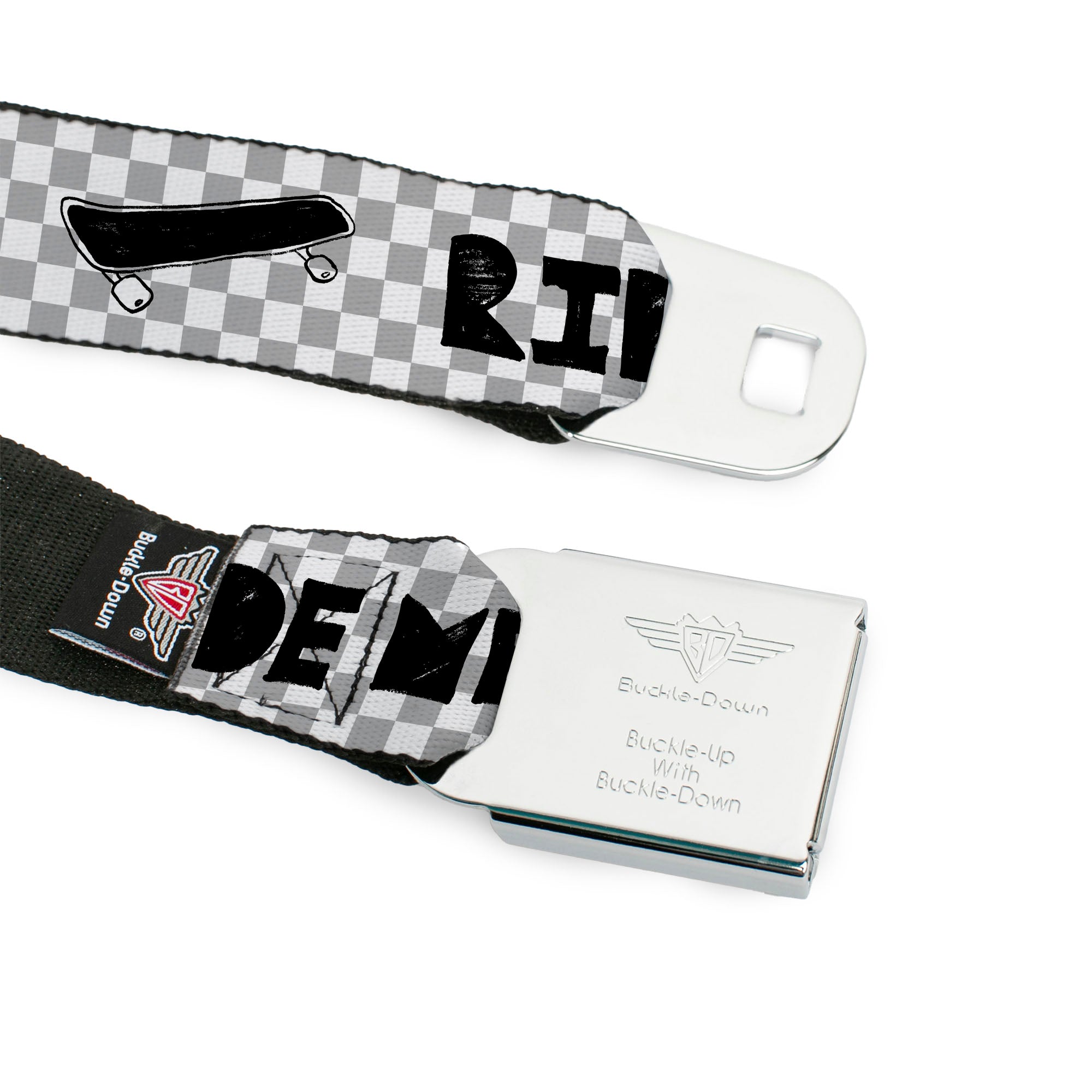 BD Wings Logo CLOSE-UP Full Color Black Silver Seatbelt Belt - RIDE ME Skateboard w/Mini Checker White/Gray/Black Webbing Seatbelt Belts Buckle-Down
